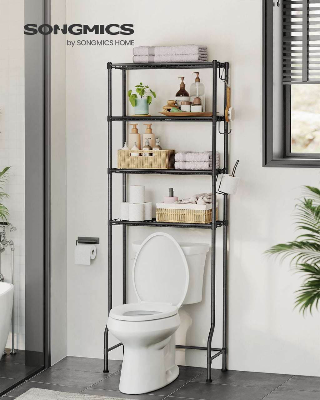 4-stöckiges Toilettenregal mit Haken platzsparend schwarz