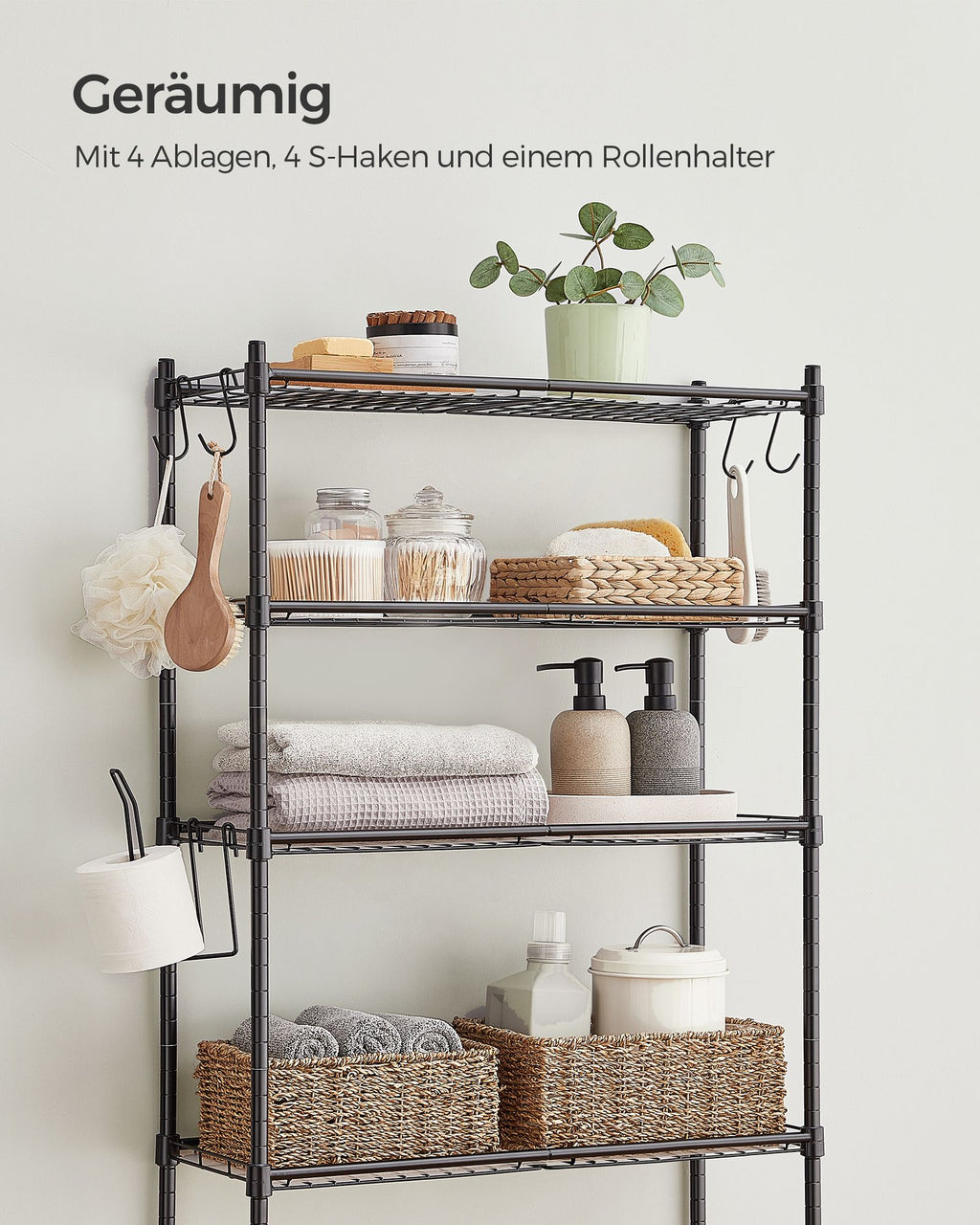 4-stöckiges Toilettenregal mit Haken platzsparend schwarz