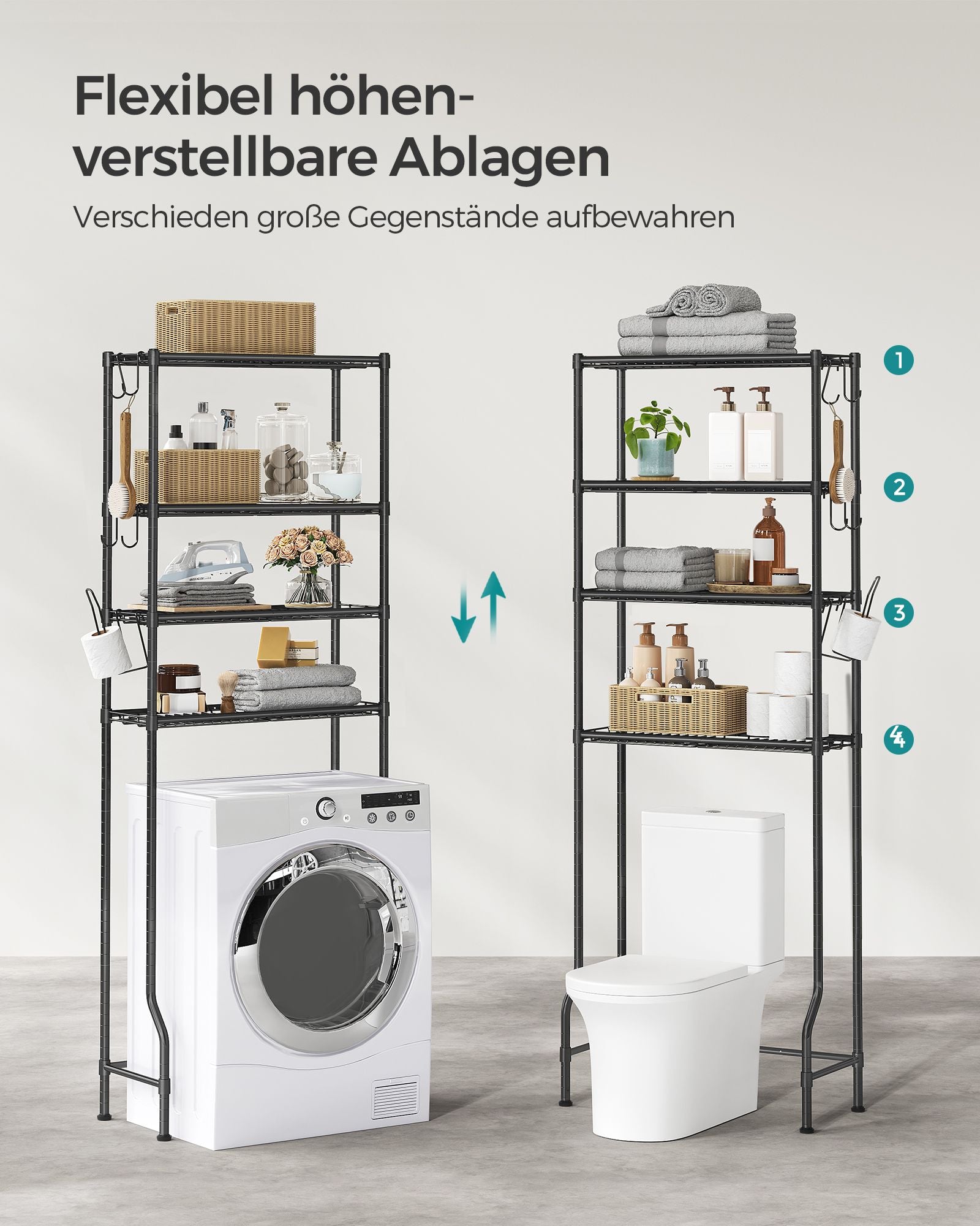 4-stöckiges Toilettenregal mit Haken platzsparend schwarz