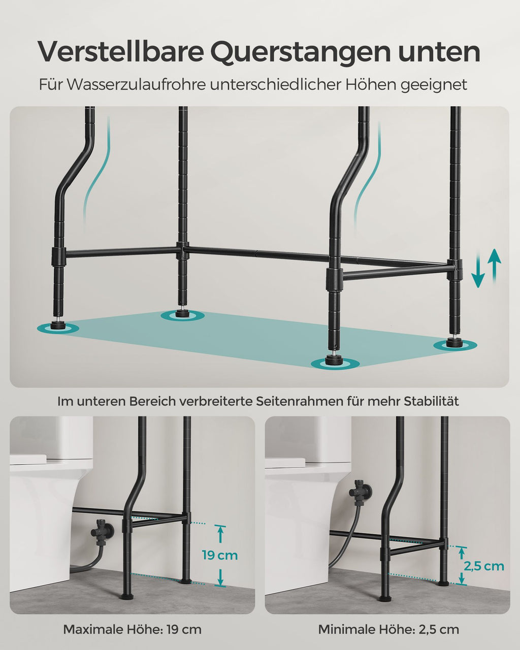 4-stöckiges Toilettenregal mit Haken platzsparend schwarz