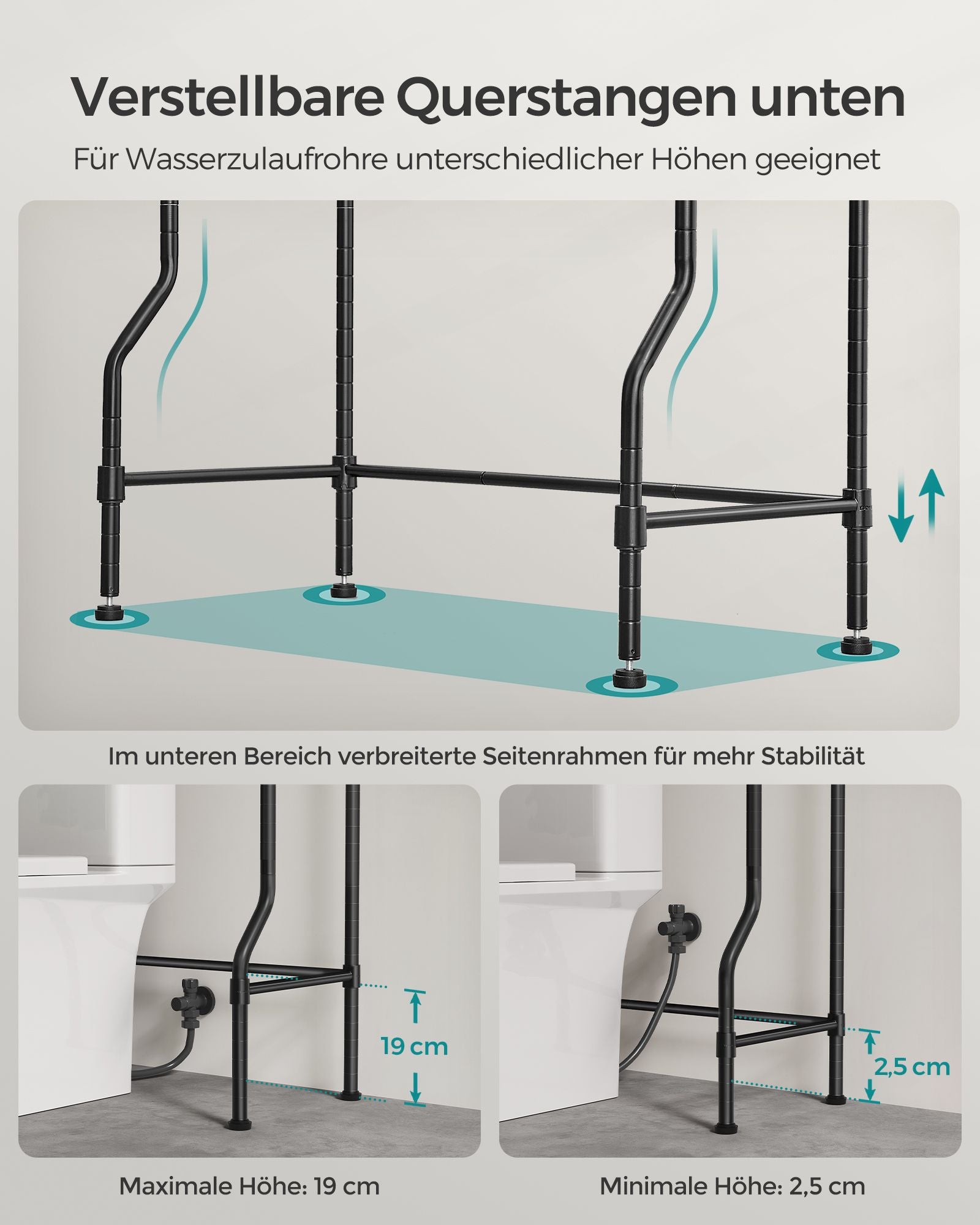 4-stöckiges Toilettenregal mit Haken platzsparend schwarz