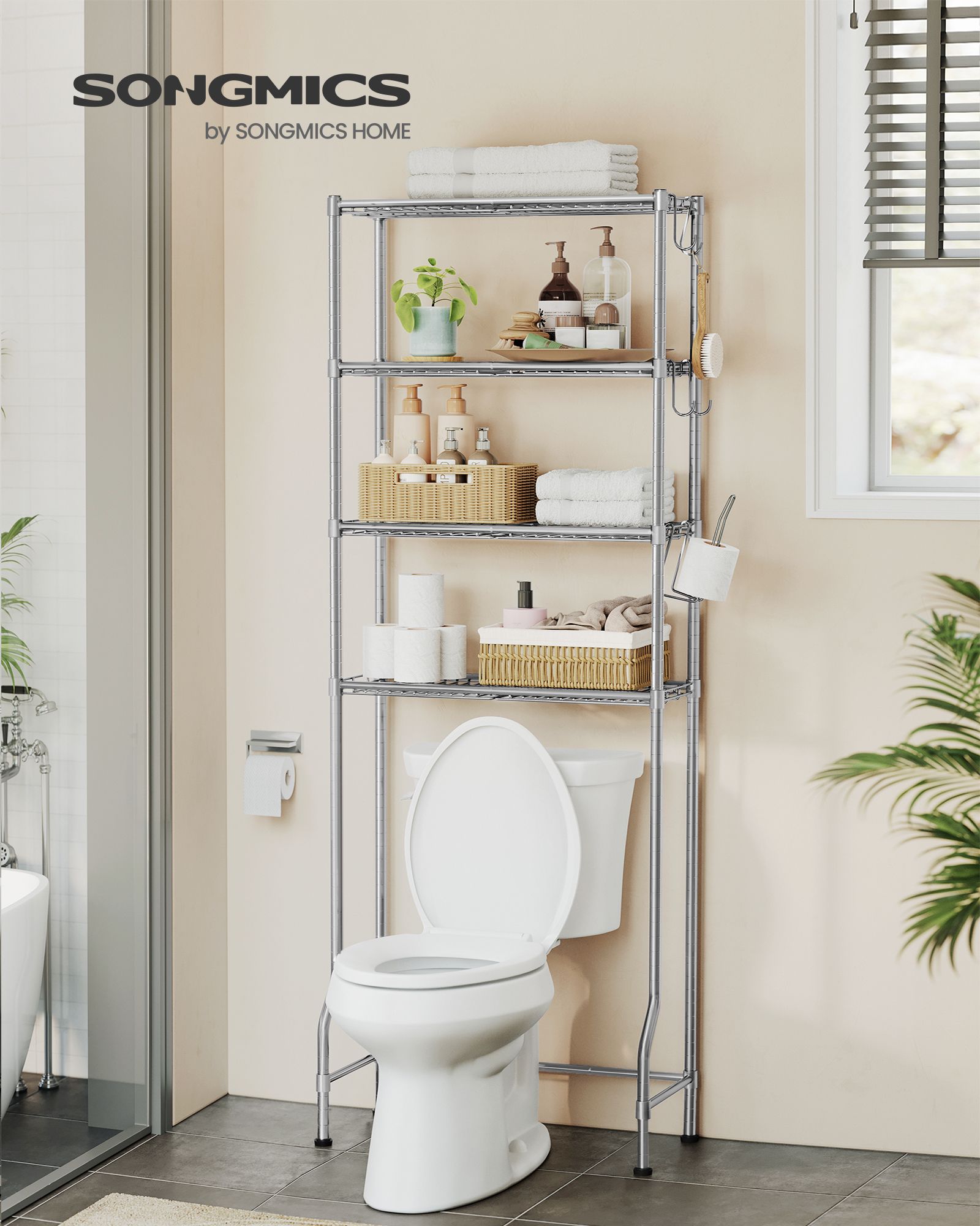 4-stöckiges Toilettenregal mit Ablagen Haken taubengrau