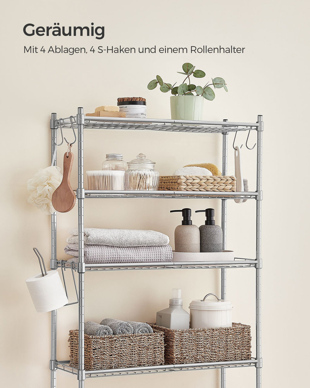 4-stöckiges Toilettenregal mit Ablagen Haken taubengrau