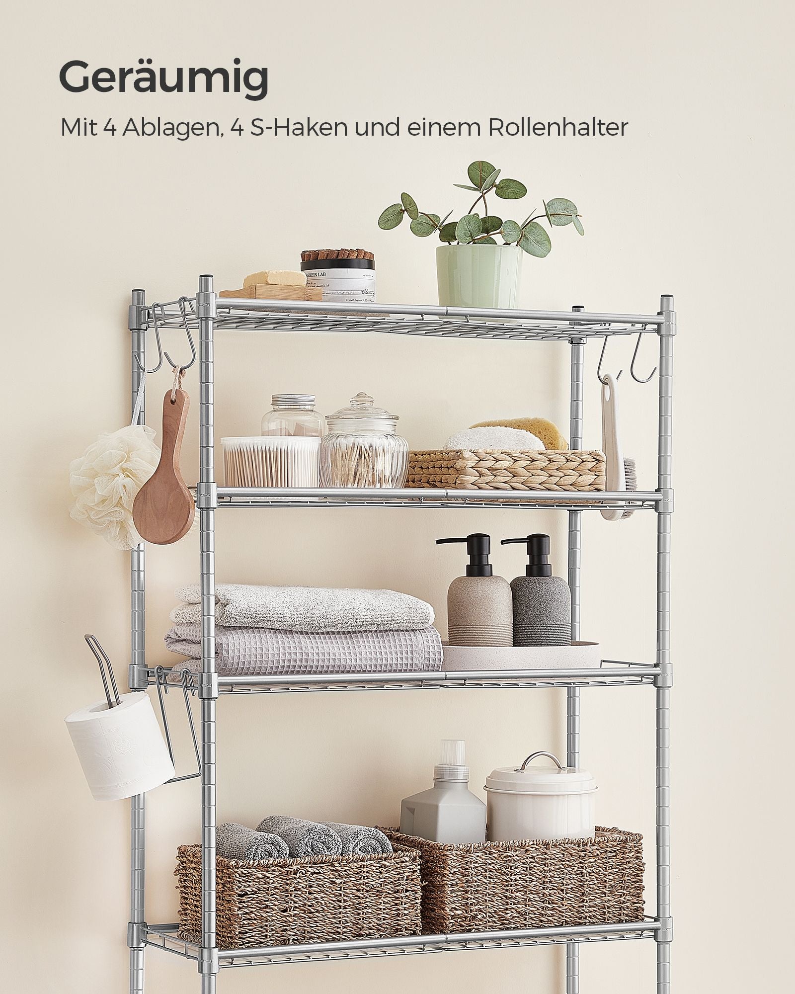 4-stöckiges Toilettenregal mit Ablagen Haken taubengrau