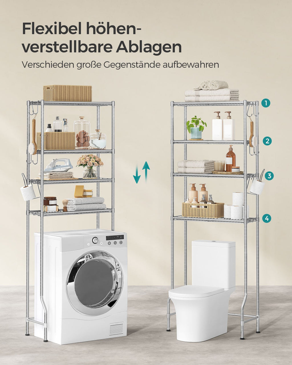 4-stöckiges Toilettenregal mit Ablagen Haken taubengrau