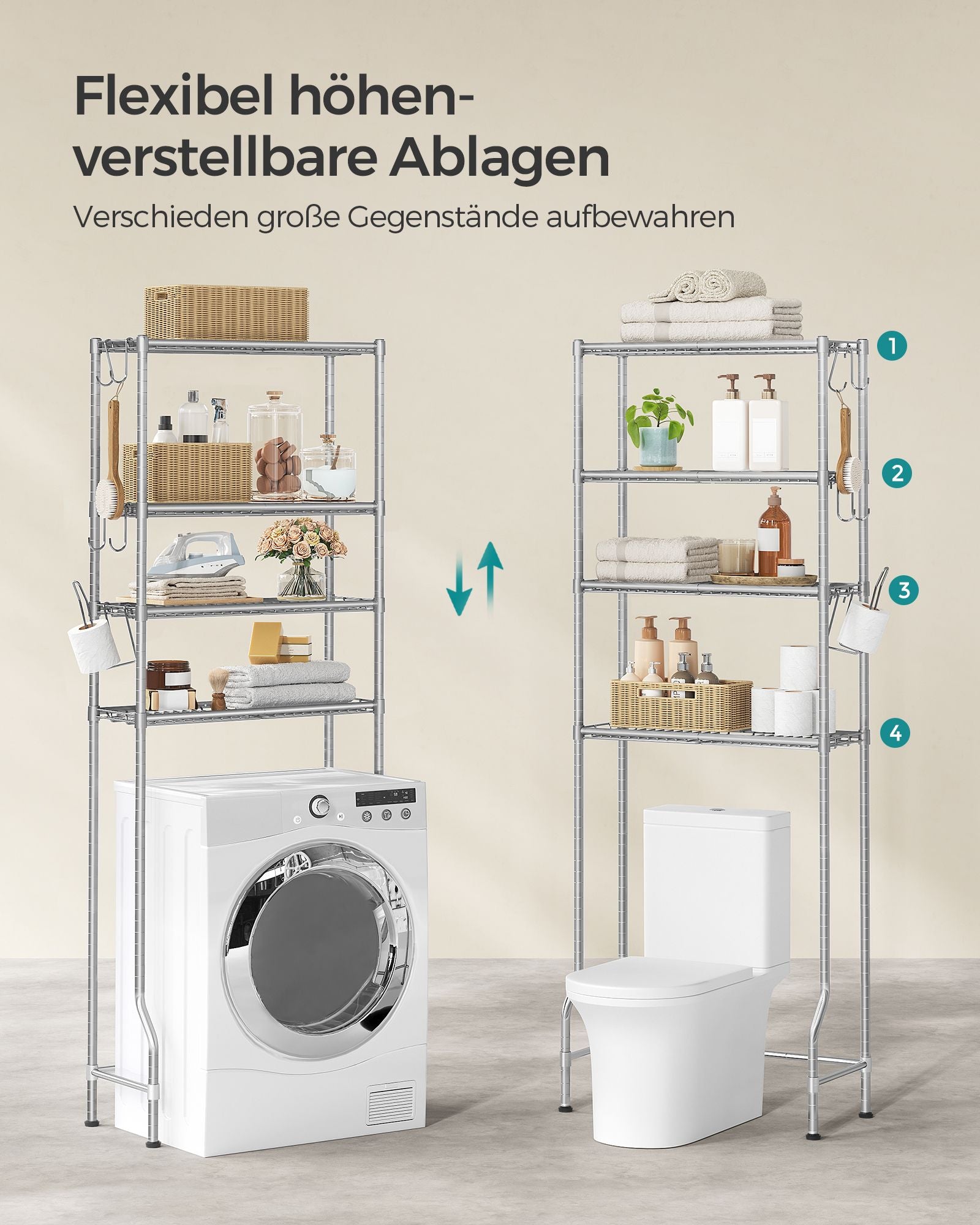 4-stöckiges Toilettenregal mit Ablagen Haken taubengrau