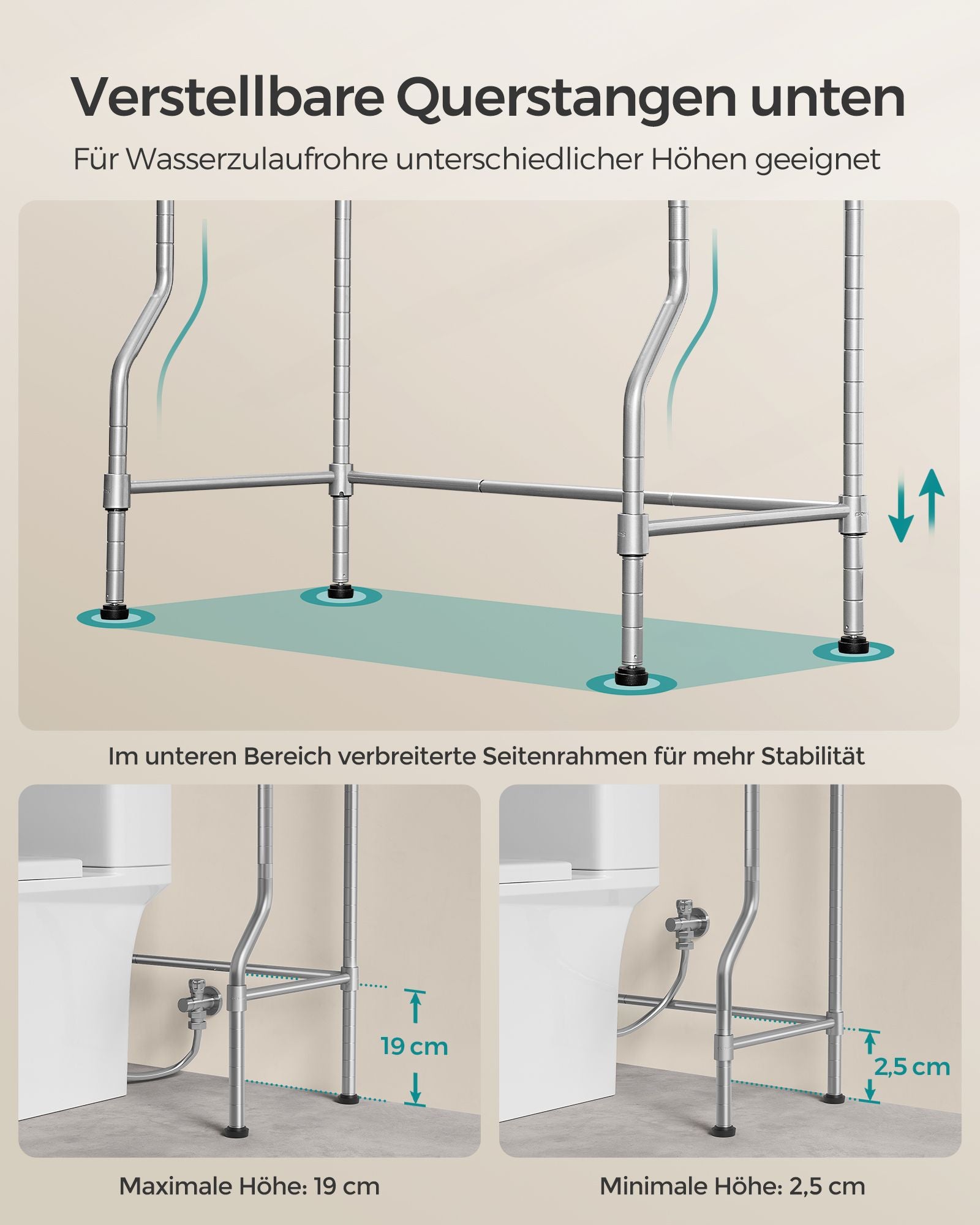 4-stöckiges Toilettenregal mit Ablagen Haken taubengrau