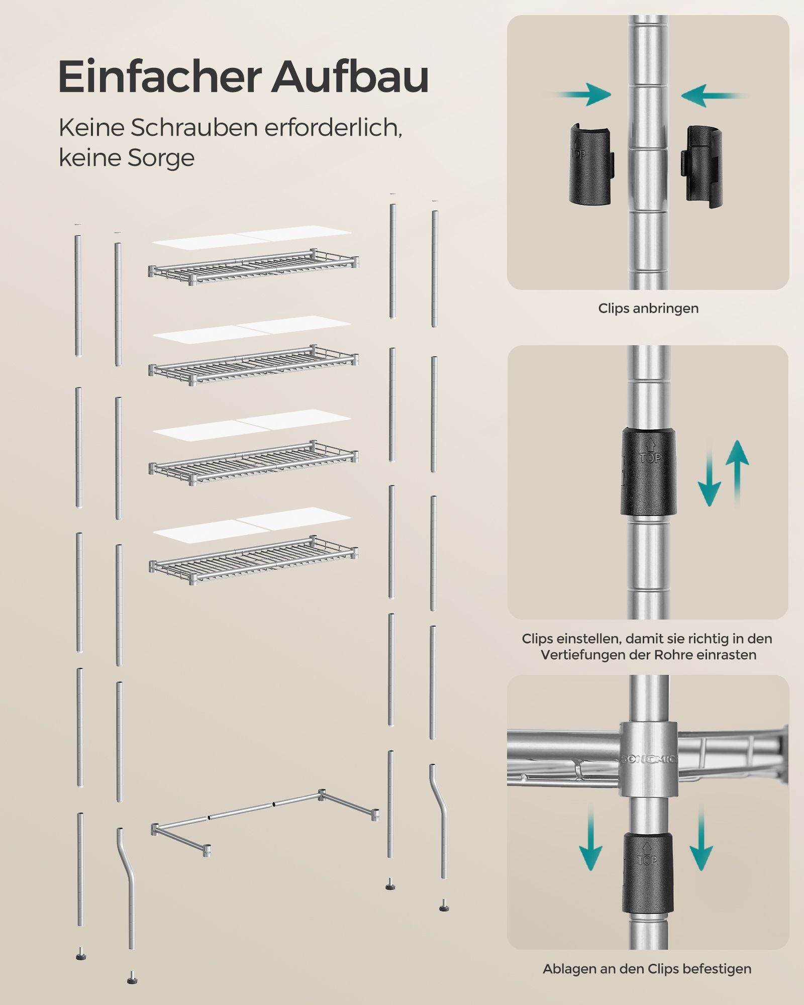 4-stöckiges Toilettenregal mit Ablagen Haken taubengrau