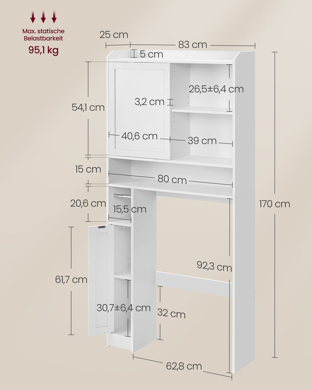 Toilettenregal mit Schiebetür 25 x 83 x 170 cm wolkenweiß