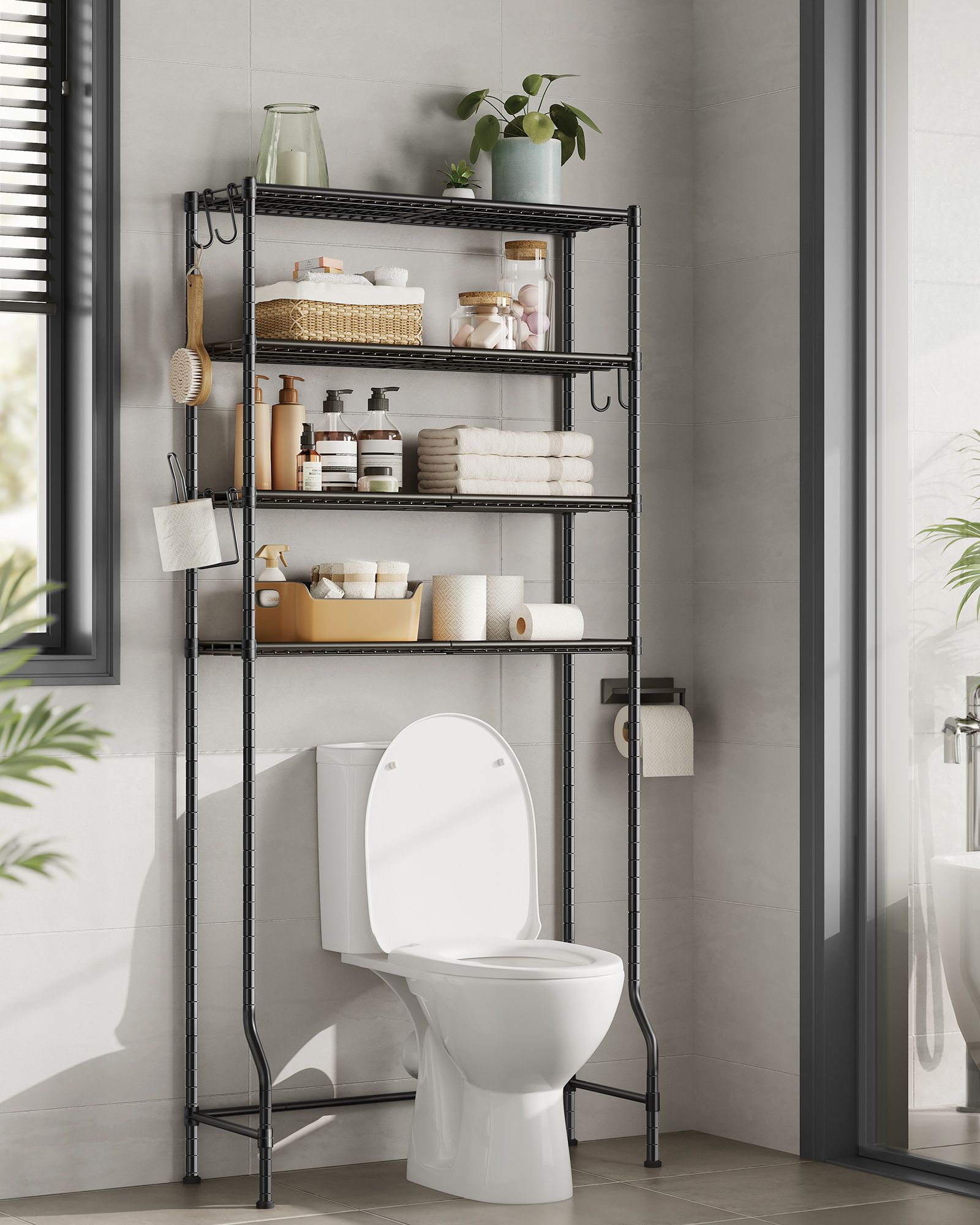 4-stöckiges Toilettenregal mit verstellbaren Ablagen schwarz