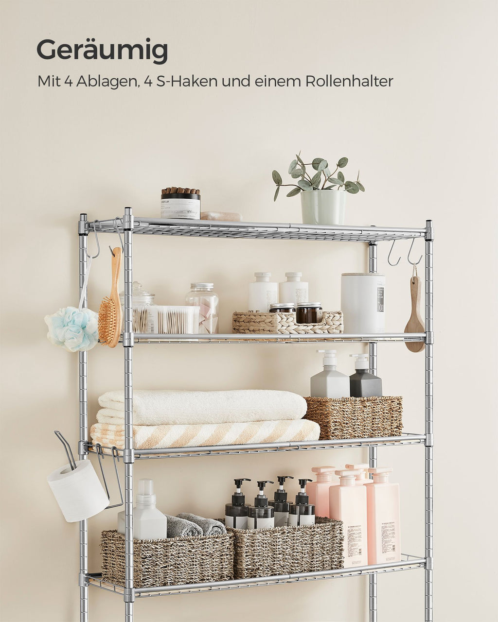 4-stöckiges Toilettenregal mit verstellbaren Ablagen taubengrau