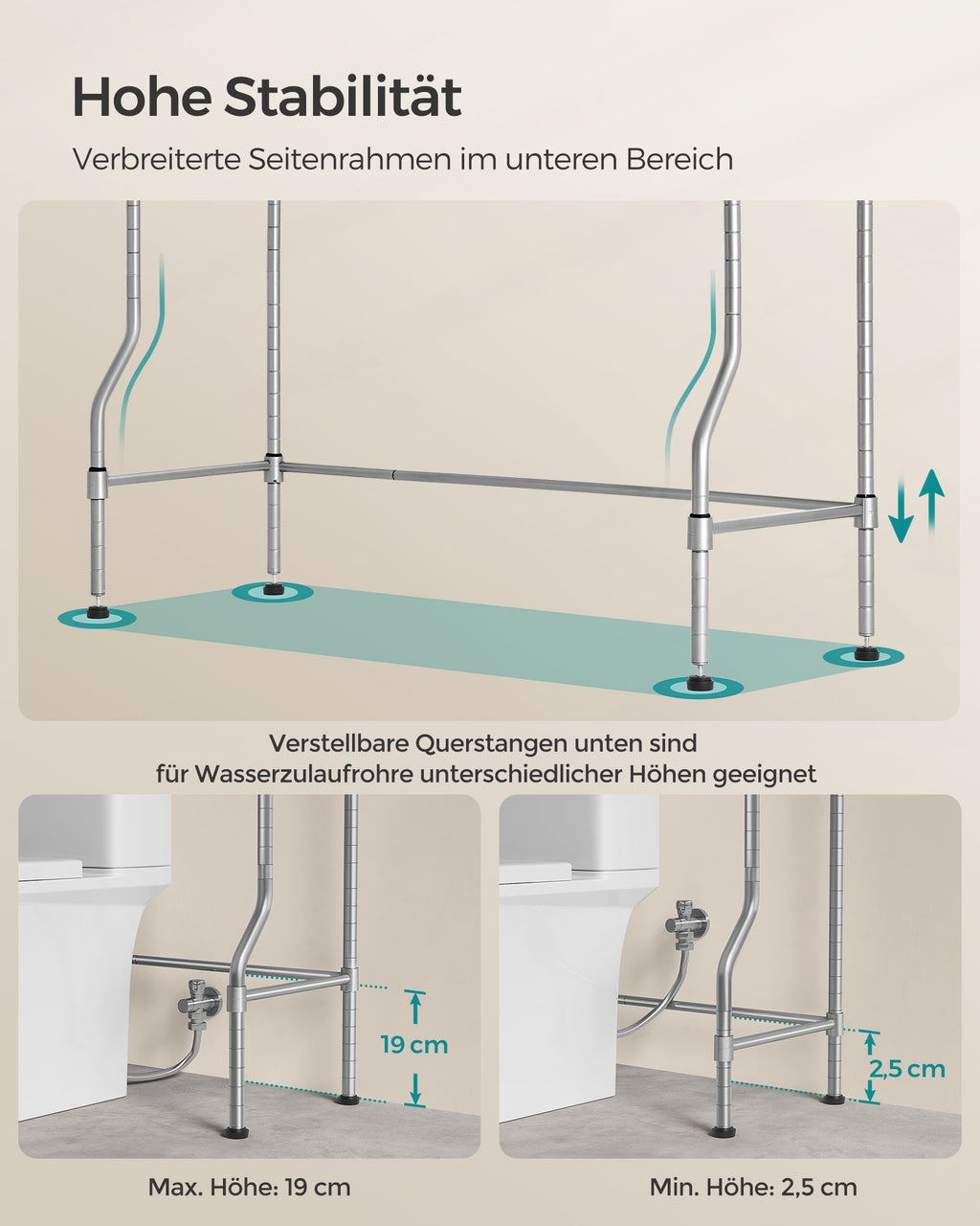 4-stöckiges Toilettenregal mit verstellbaren Ablagen taubengrau