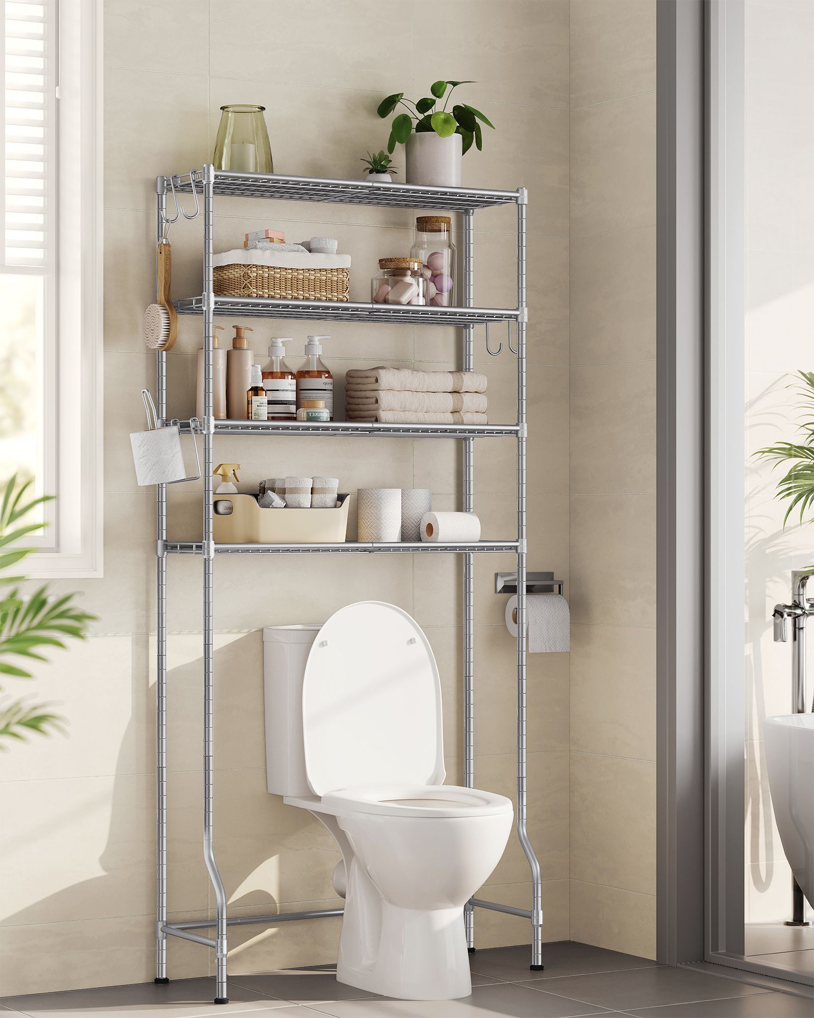 4-stöckiges Toilettenregal mit verstellbaren Ablagen taubengrau
