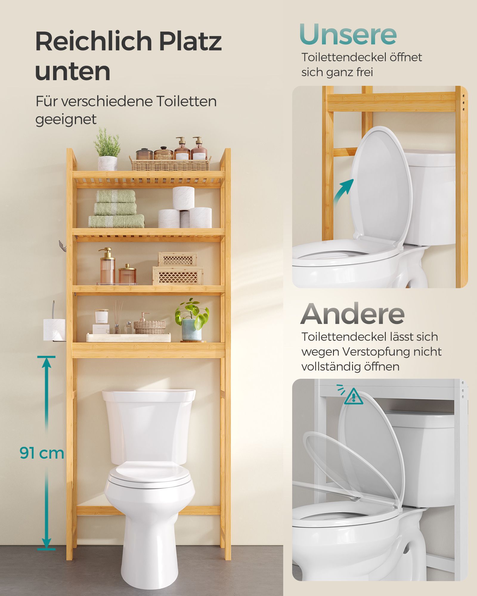 Toilettenregal mit verstellbaren Ablagen naturbeige