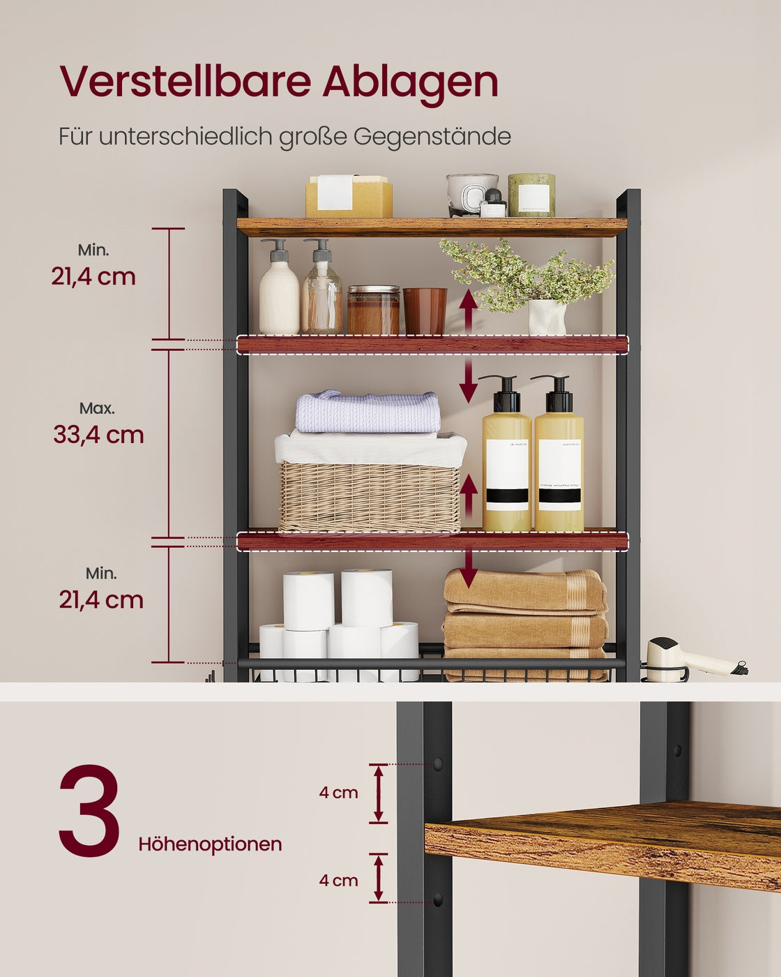 Badezimmerregal über der Toilette spart Platz und ordnet Utensilien