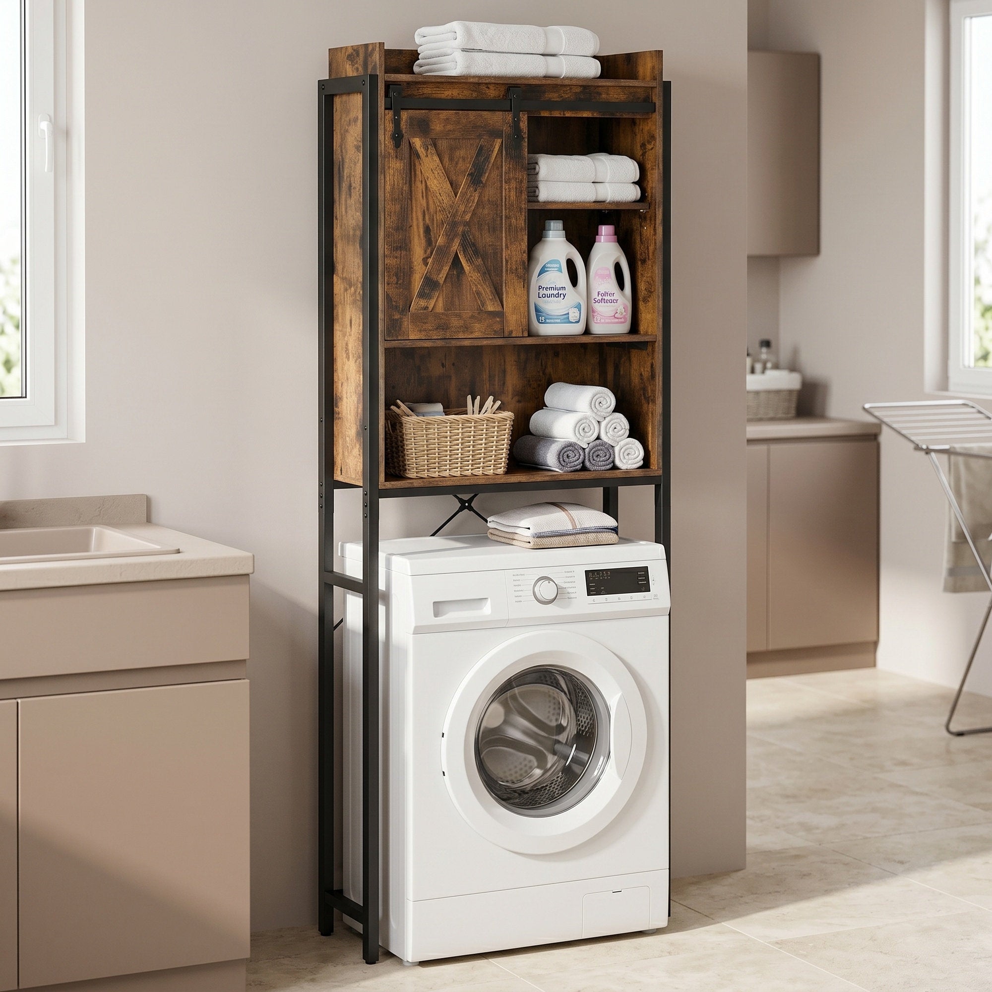 Waschmaschinenregal mit Schrank, Badregal aus Stahl, für Badezimmer