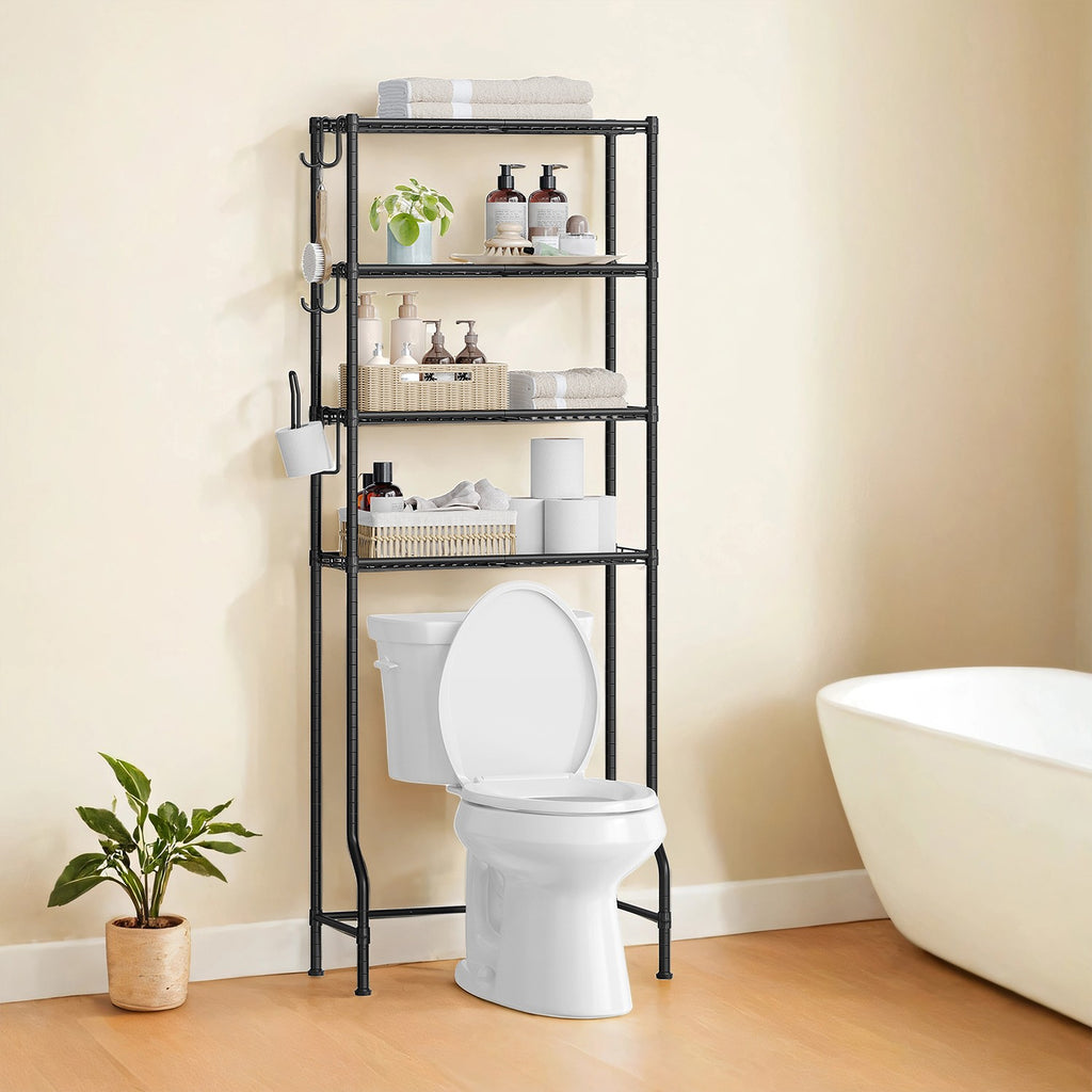 4-stöckiges Toilettenregal mit Haken platzsparend schwarz