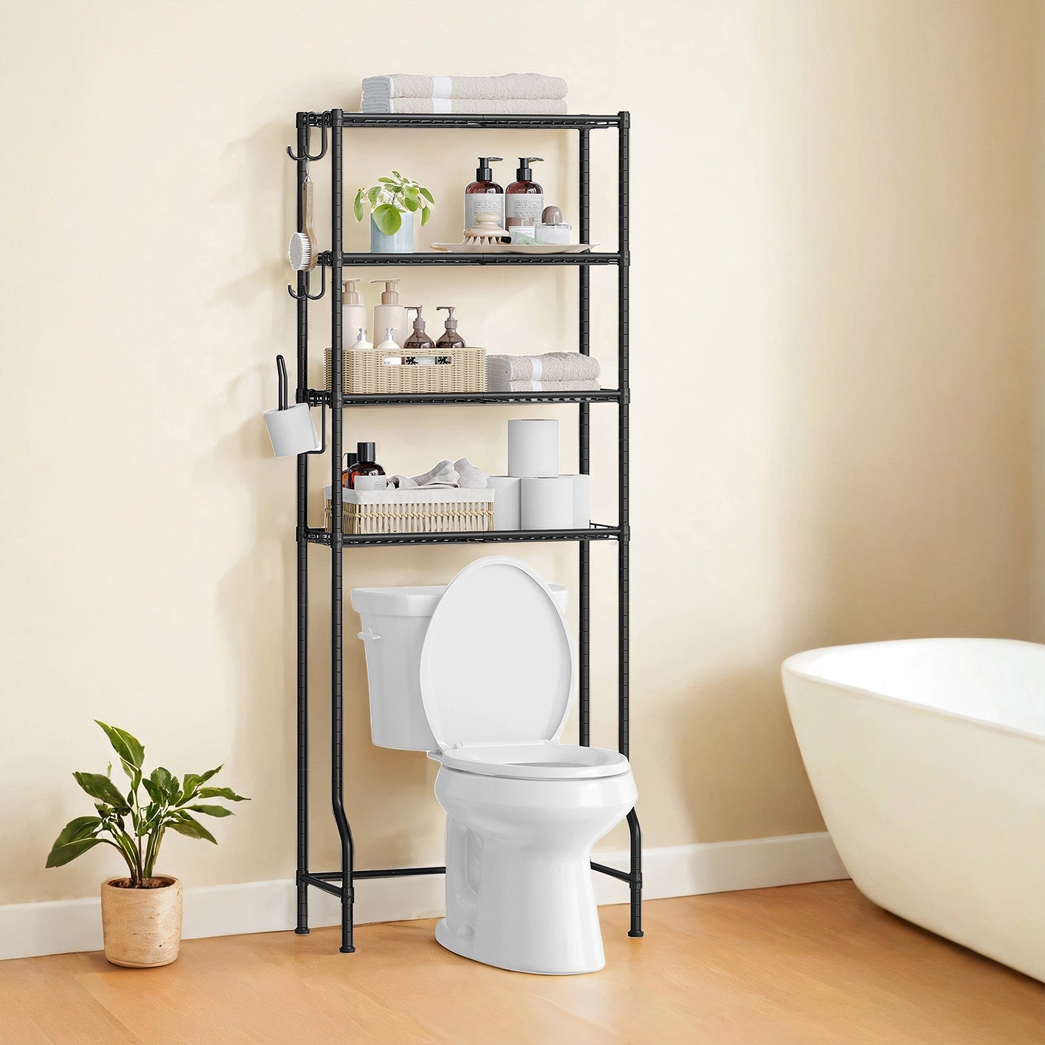 4-stöckiges Toilettenregal mit Haken platzsparend schwarz