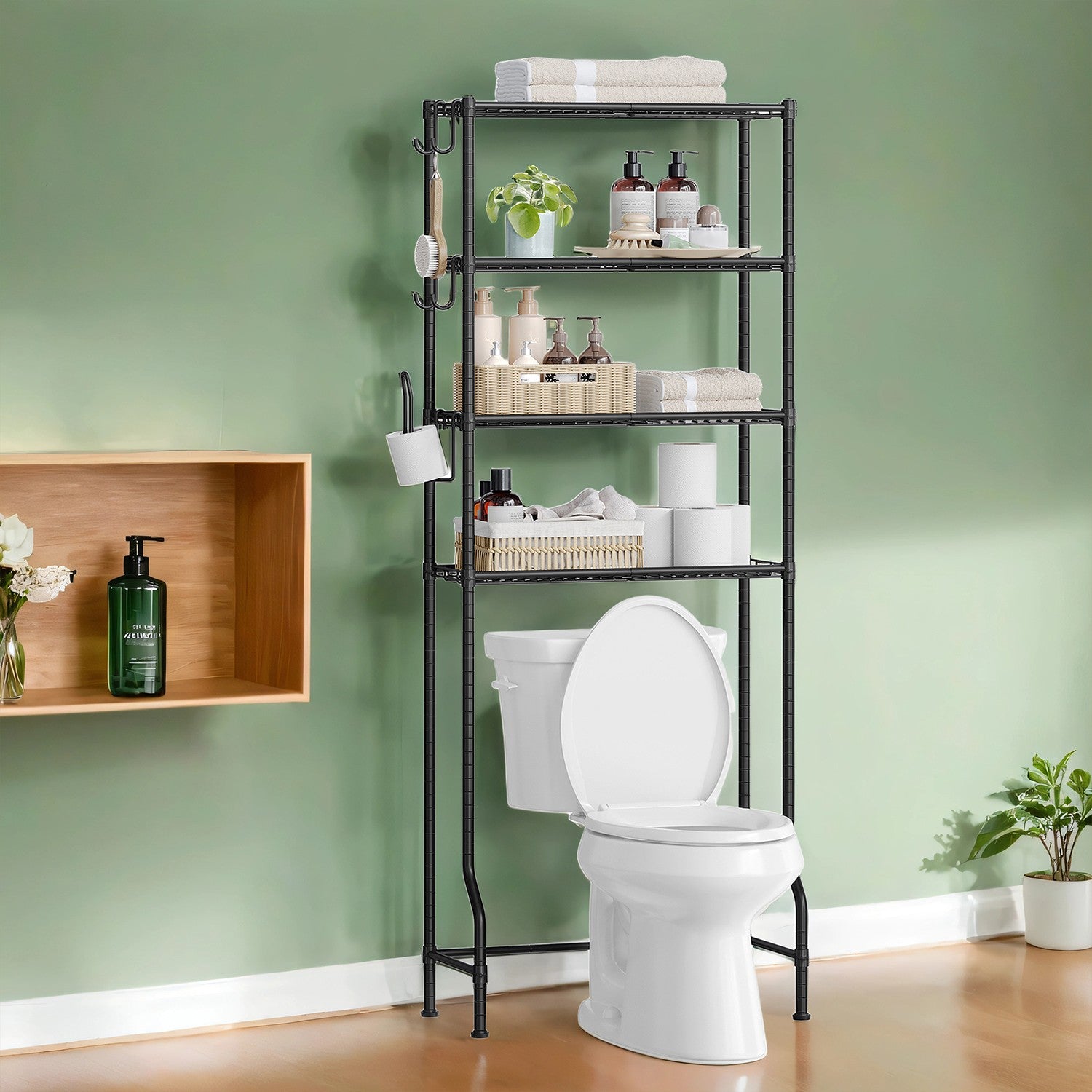 4-stöckiges Toilettenregal mit Haken platzsparend schwarz