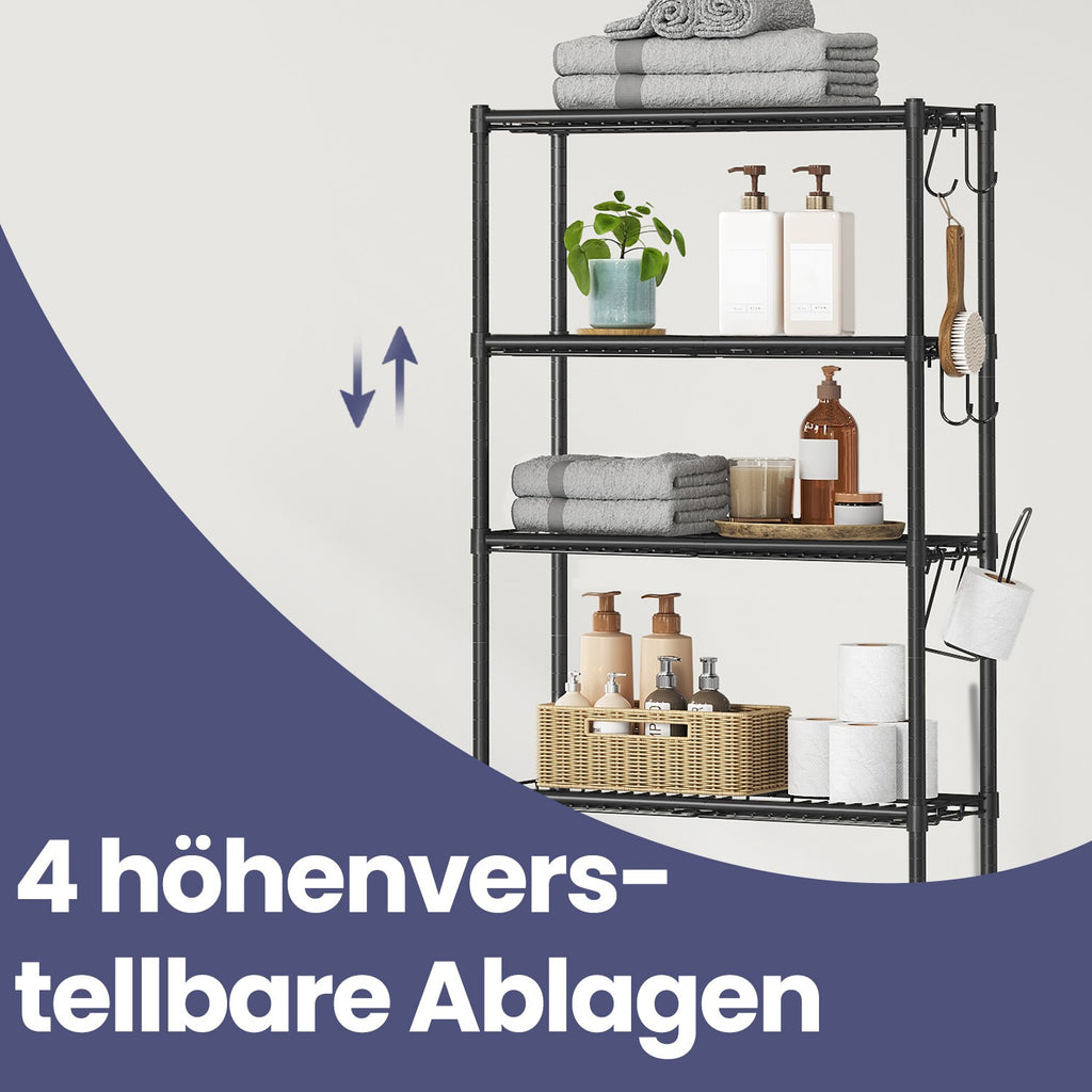 4-stöckiges Toilettenregal mit Haken platzsparend schwarz