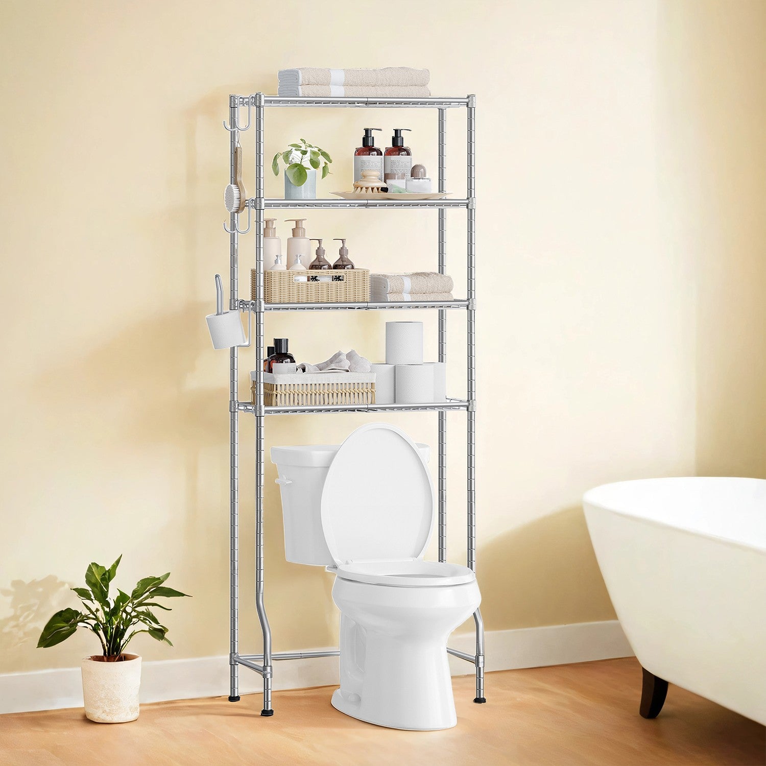 4-stöckiges Toilettenregal mit Ablagen Haken taubengrau