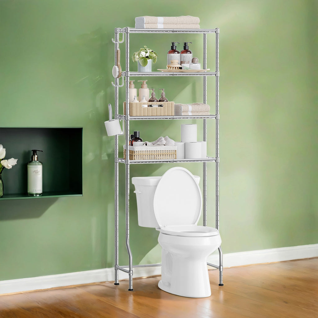 4-stöckiges Toilettenregal mit Ablagen Haken taubengrau