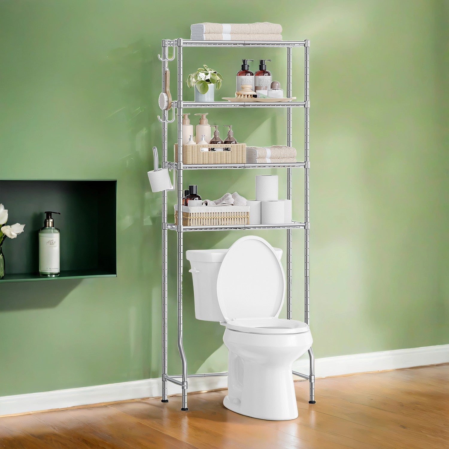 4-stöckiges Toilettenregal mit Ablagen Haken taubengrau