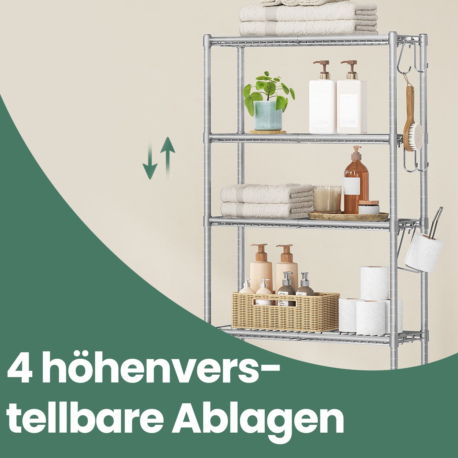 4-stöckiges Toilettenregal mit Ablagen Haken taubengrau