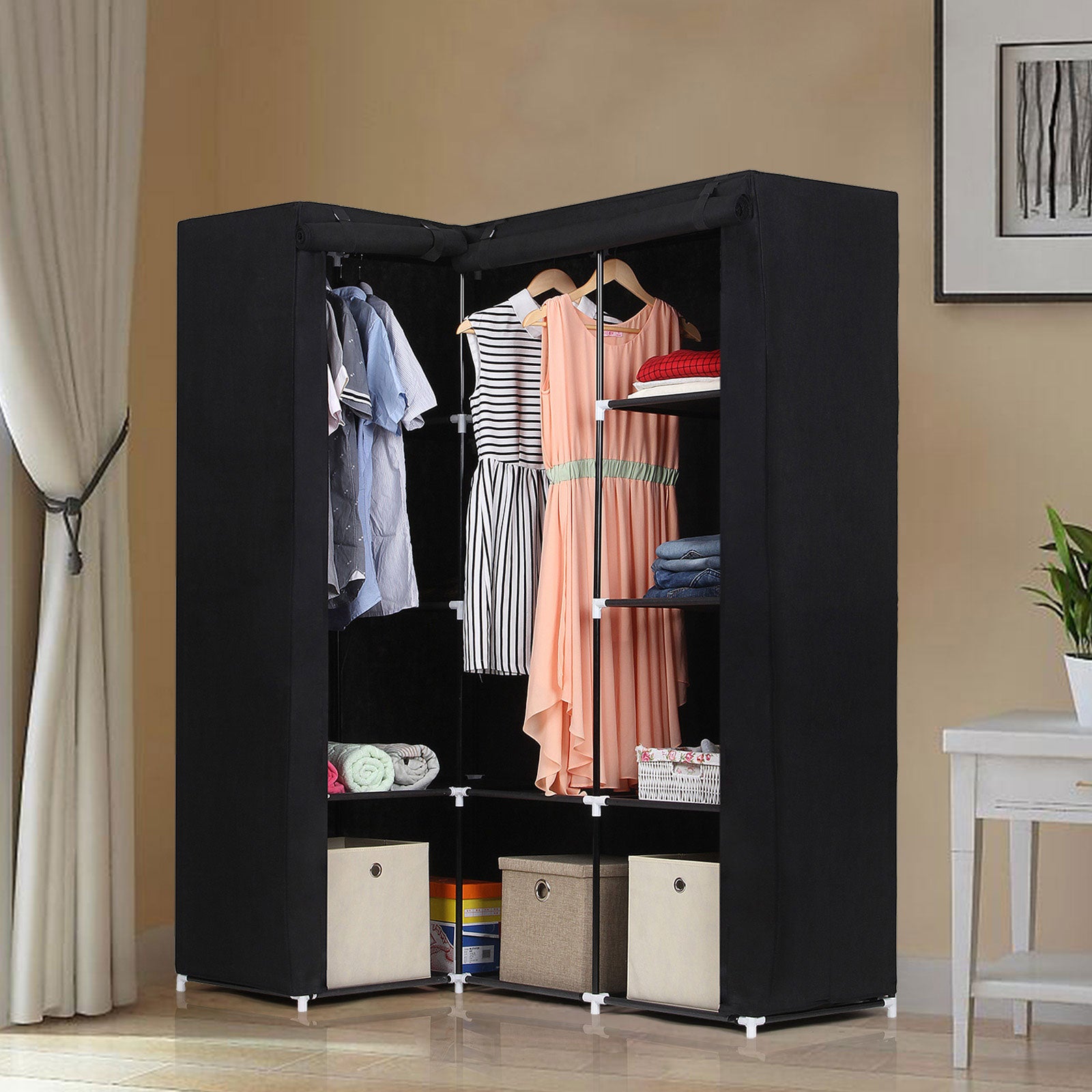 Eck-Kleiderschrank Stoff Schwarz