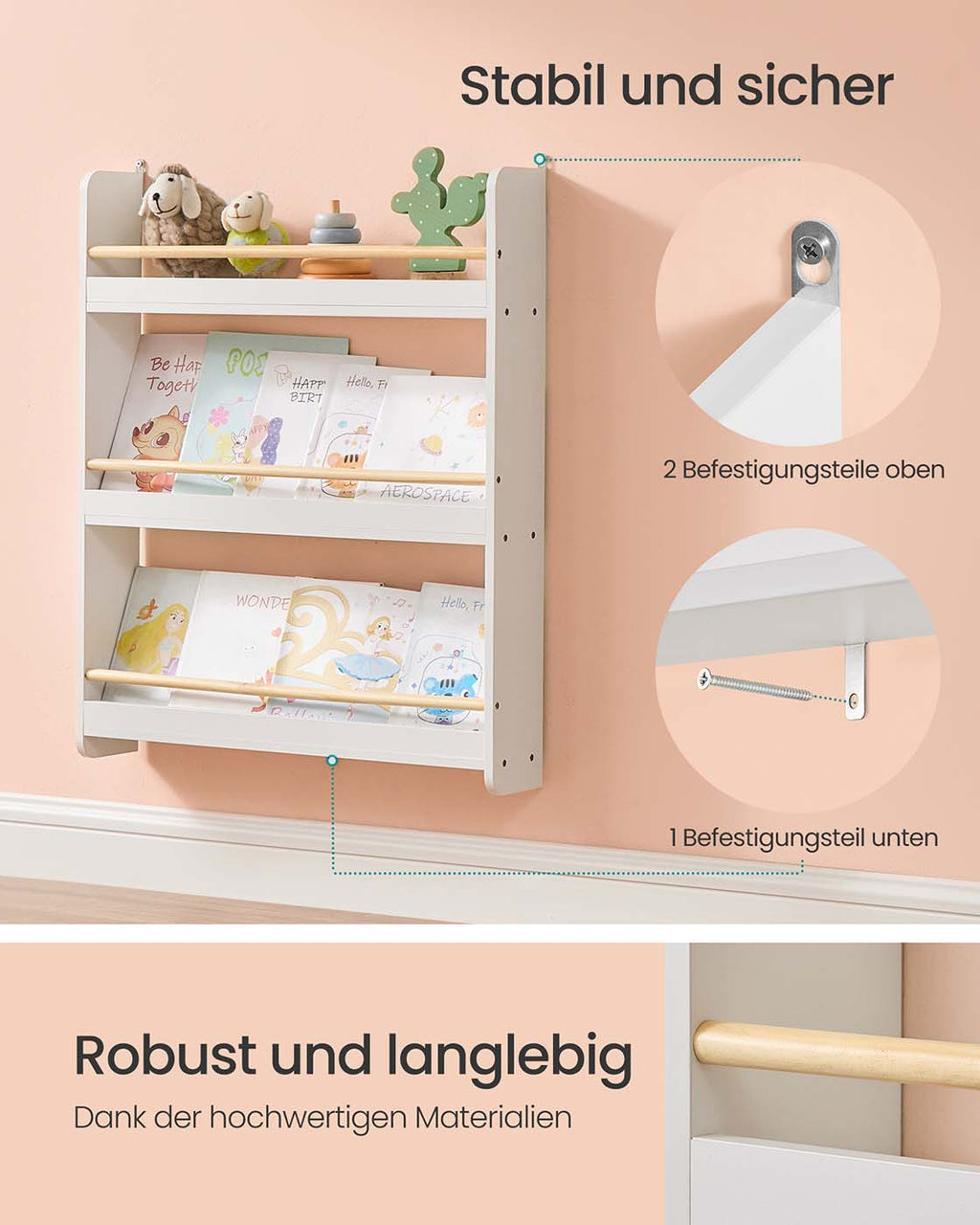 Bücherregal für Kinderzimmer mit 3 Ebenen weiß-naturfarben