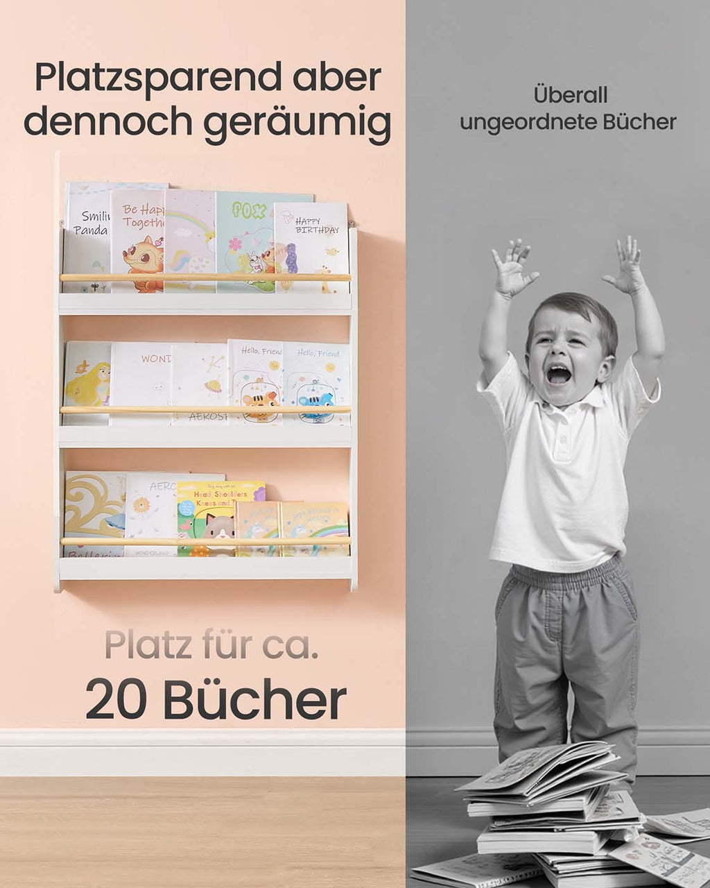 Bücherregal für Kinderzimmer mit 3 Ebenen weiß-naturfarben