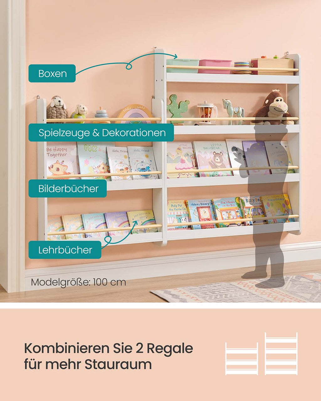 Bücherregal für Kinderzimmer mit 3 Ebenen weiß-naturfarben