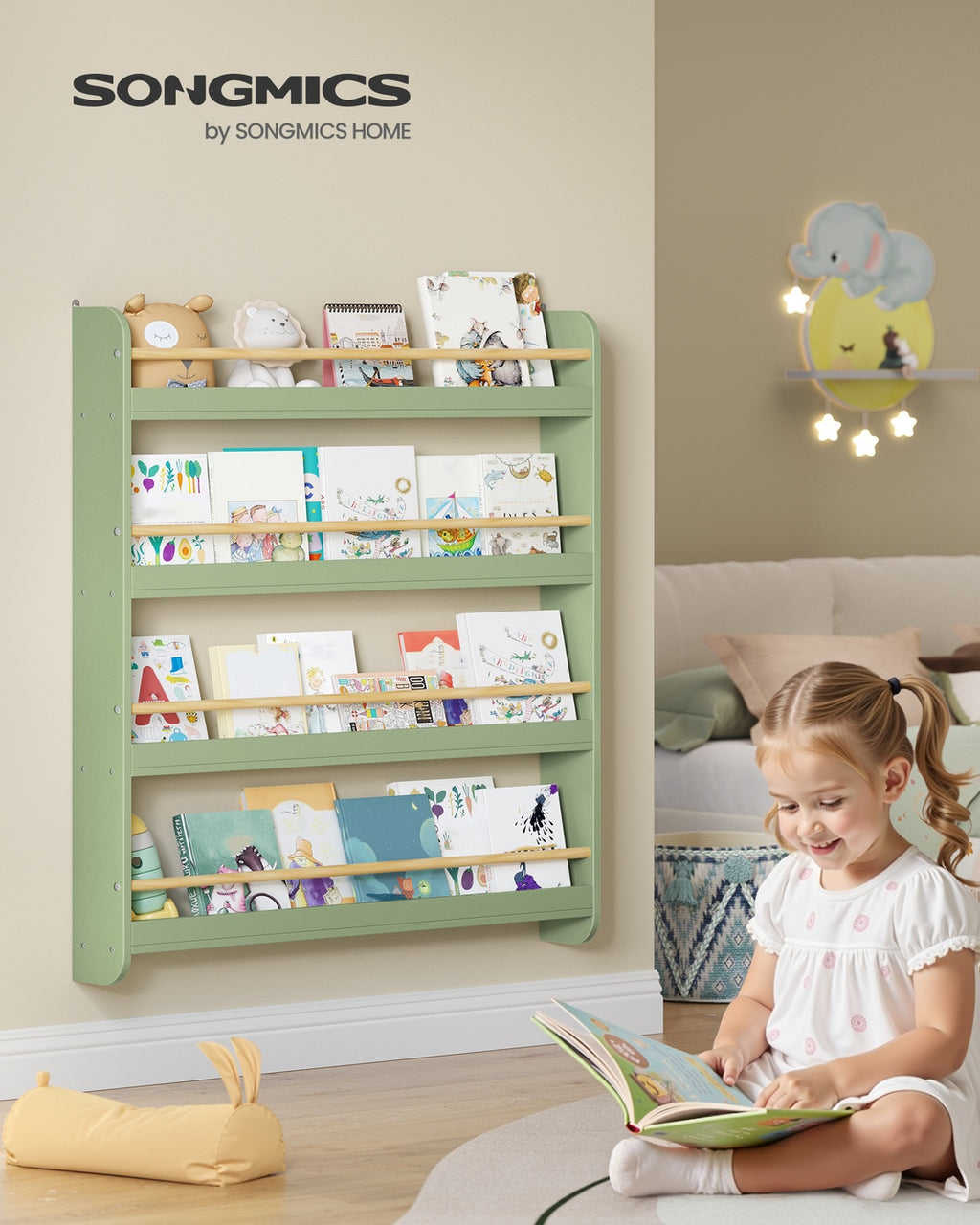 Mehrstöckiges Kinder-Wandregal für Kinderzimmer und Spielzimmer lorbeergrün-naturfarben