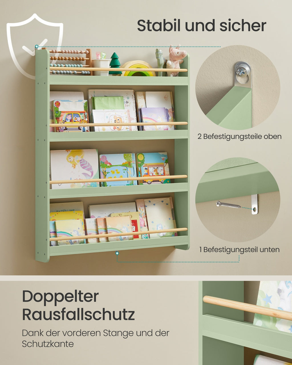 Mehrstöckiges Kinder-Wandregal für Kinderzimmer und Spielzimmer lorbeergrün-naturfarben