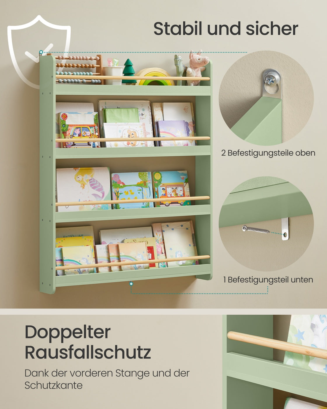Mehrstöckiges Kinder-Wandregal für Kinderzimmer und Spielzimmer lorbeergrün-naturfarben
