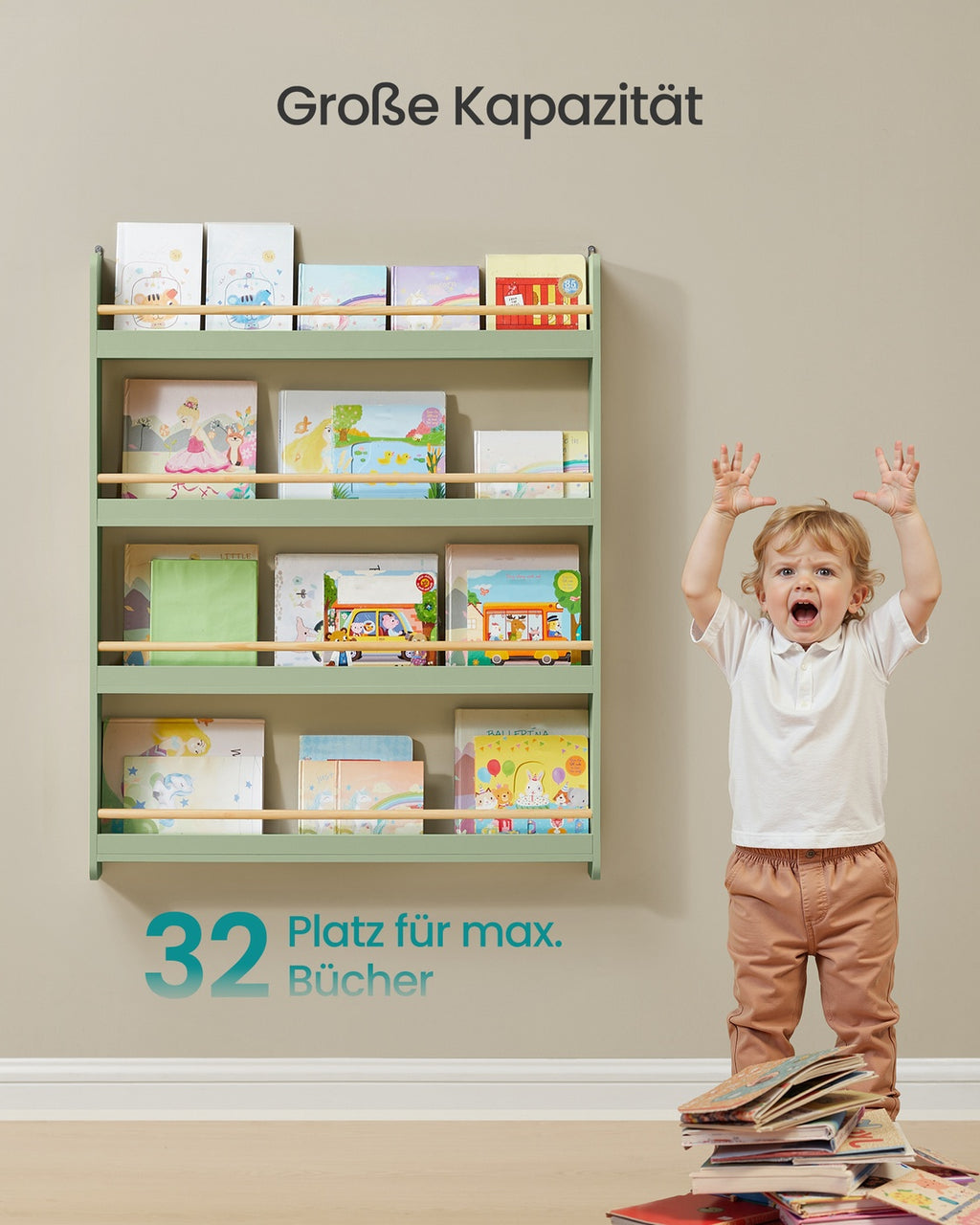 Mehrstöckiges Kinder-Wandregal für Kinderzimmer und Spielzimmer lorbeergrün-naturfarben