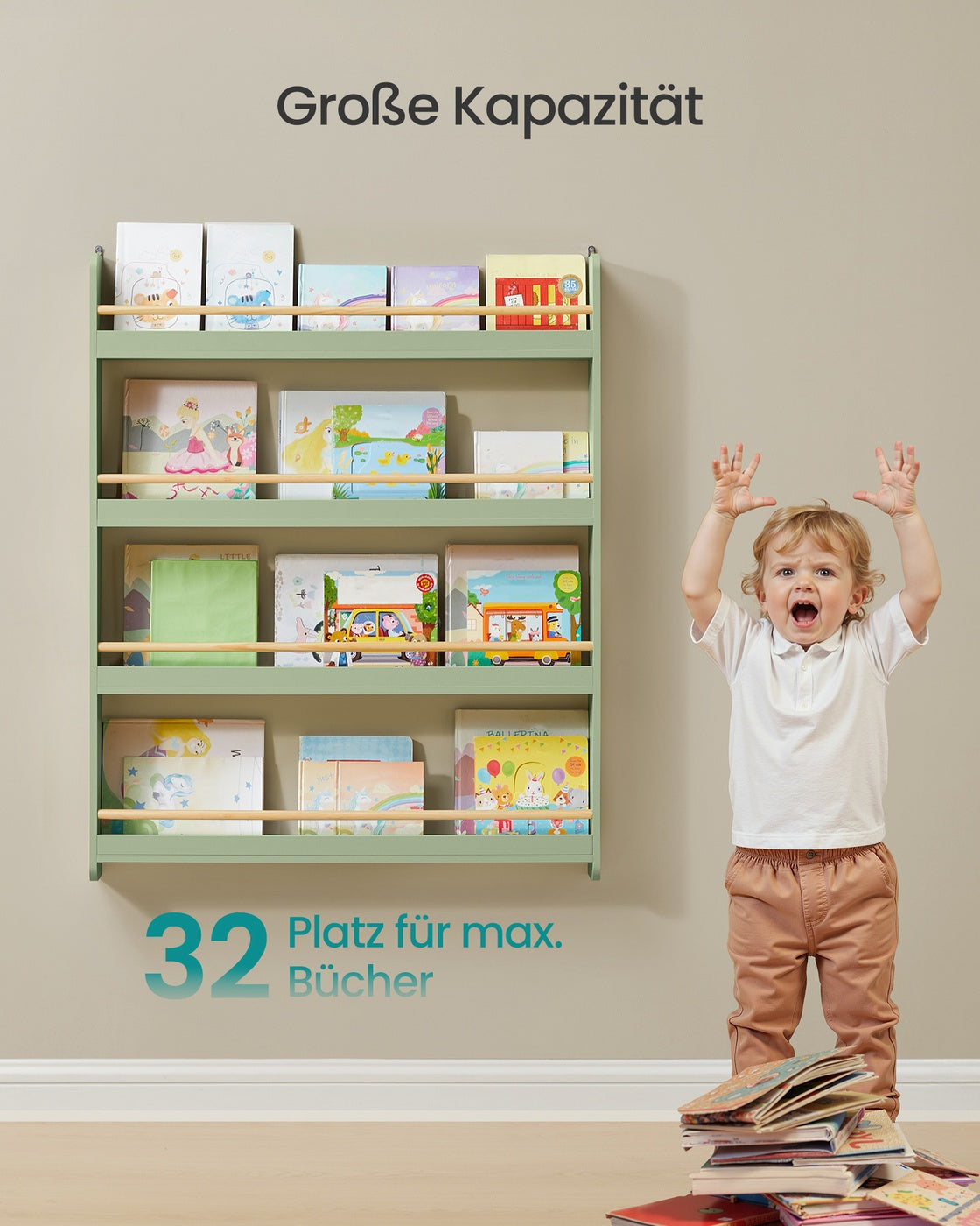 Mehrstöckiges Kinder-Wandregal für Kinderzimmer und Spielzimmer lorbeergrün-naturfarben