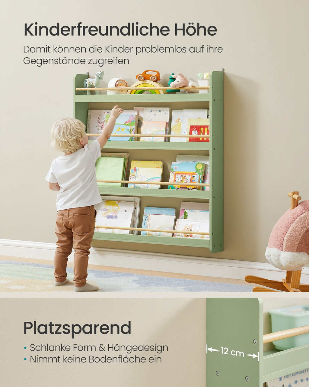 Mehrstöckiges Kinder-Wandregal für Kinderzimmer und Spielzimmer lorbeergrün-naturfarben
