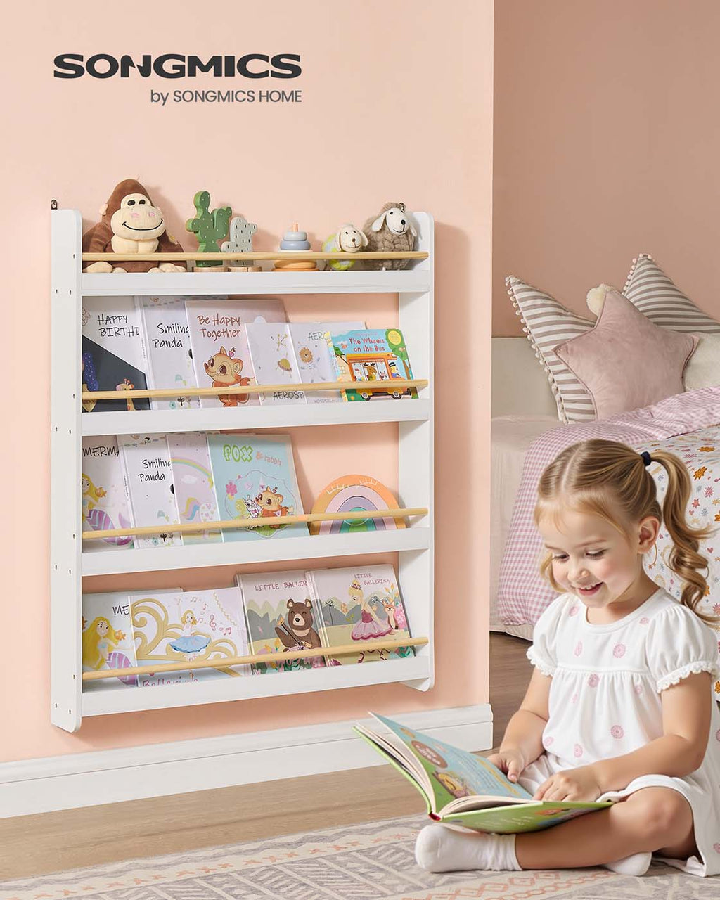 Bücherregal für Kinderzimmer mit 4 Ebenen weiß-naturfarben