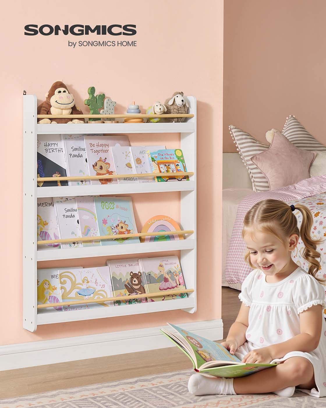 Bücherregal für Kinderzimmer mit 4 Ebenen weiß-naturfarben