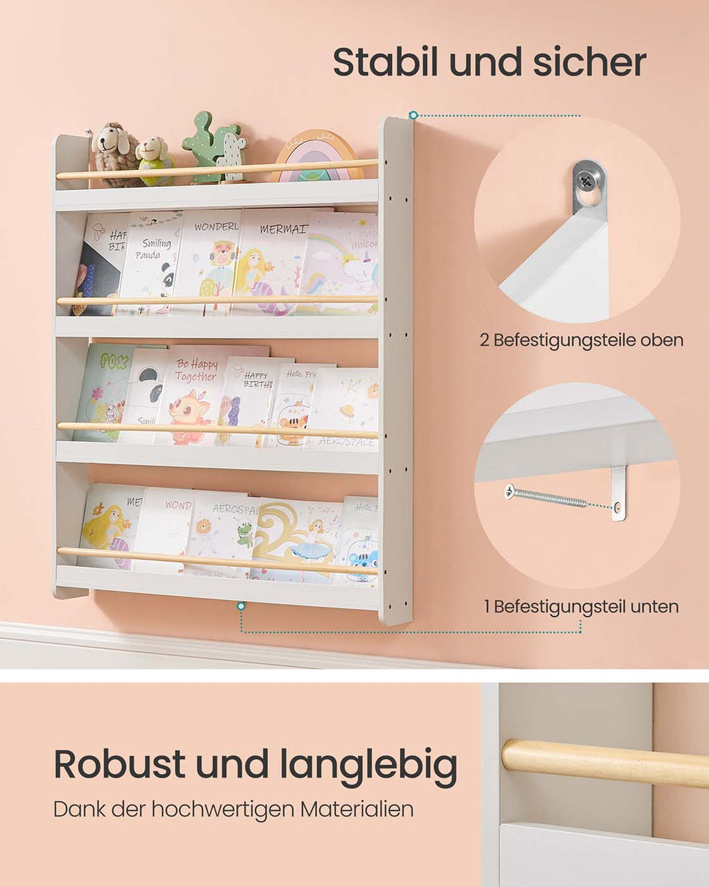 Bücherregal für Kinderzimmer mit 4 Ebenen weiß-naturfarben