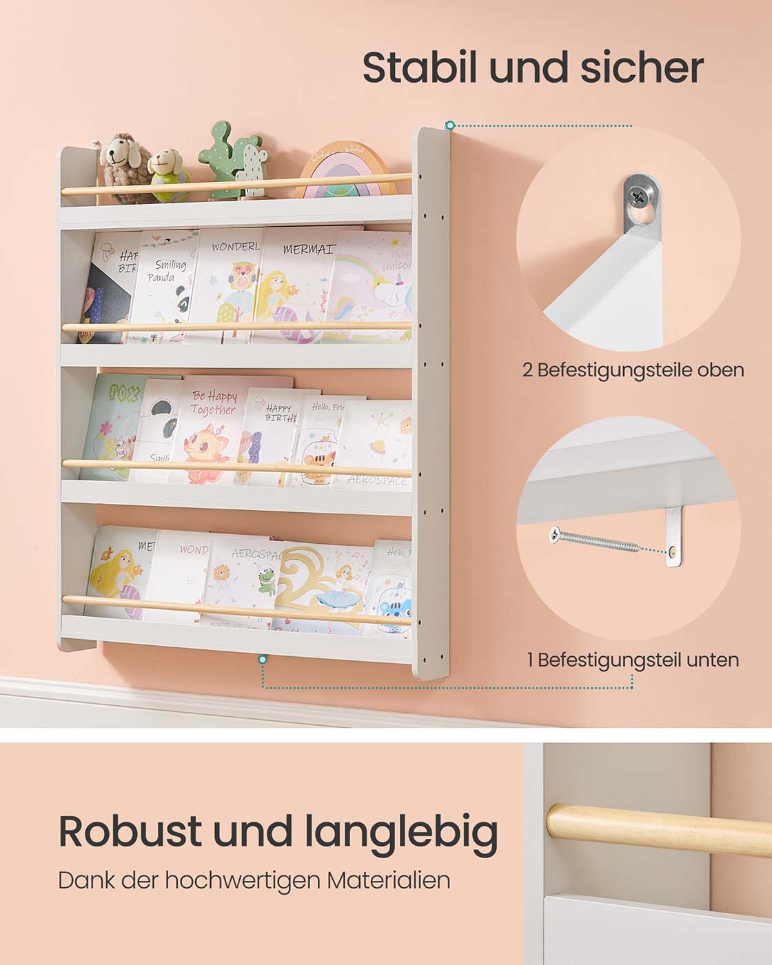 Bücherregal für Kinderzimmer mit 4 Ebenen weiß-naturfarben