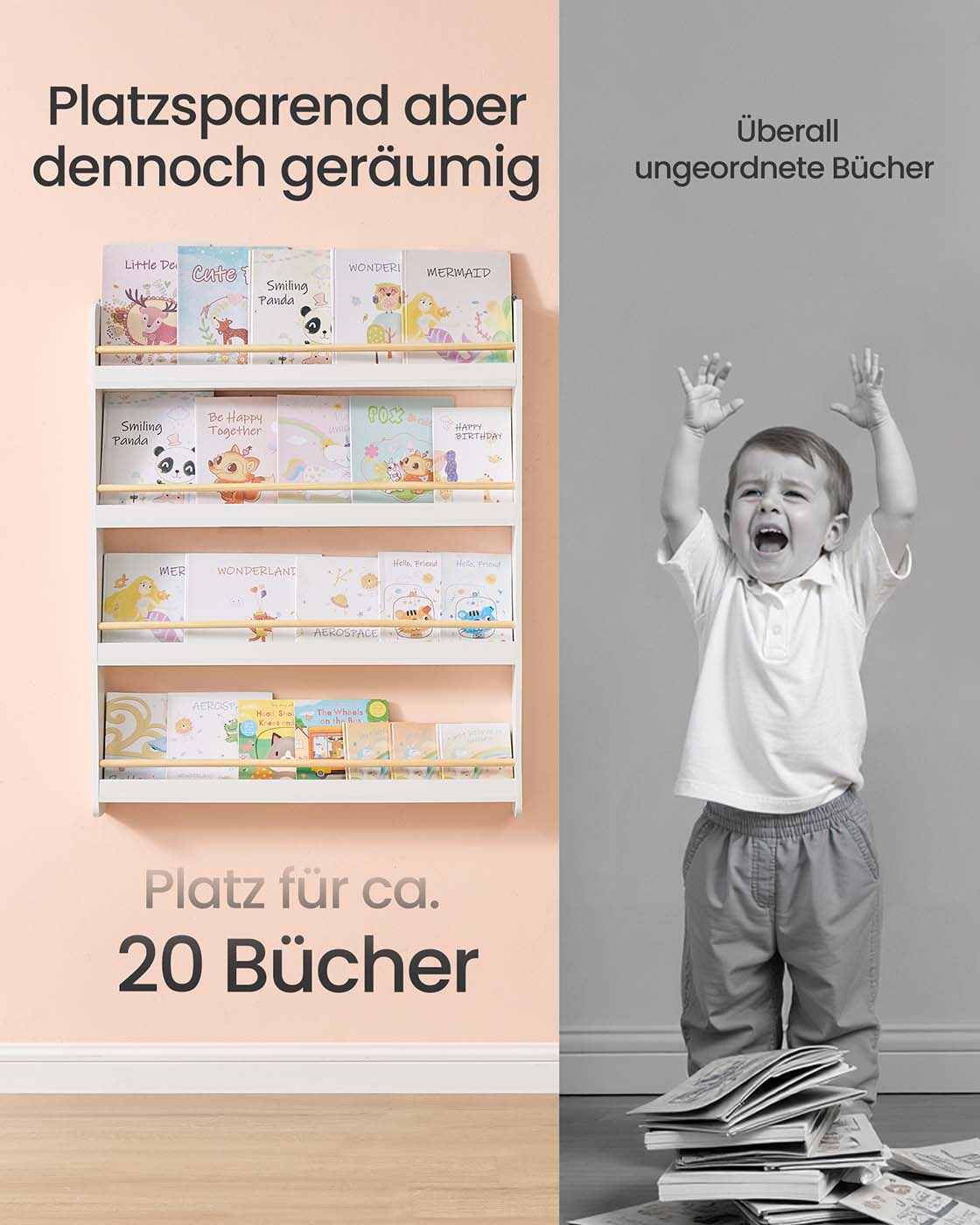 Bücherregal für Kinderzimmer mit 4 Ebenen weiß-naturfarben