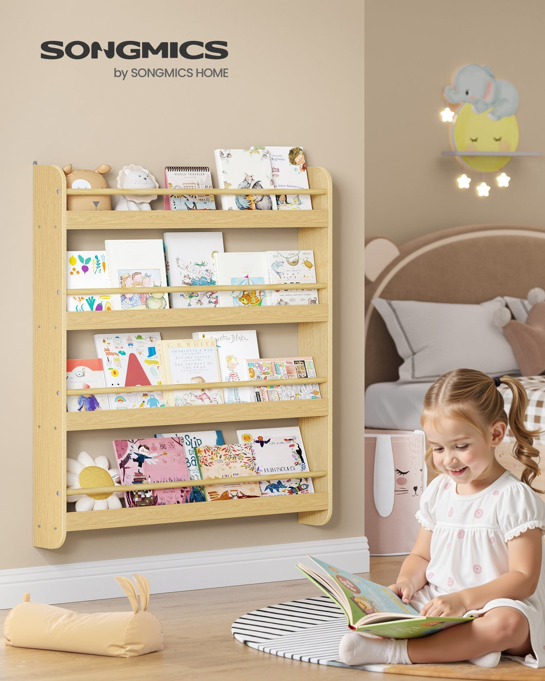 Mehrstöckiges Kinder-Wandrega  mit 4 Ebenenl für Kinderzimmer und Spielzimmer naturfarben