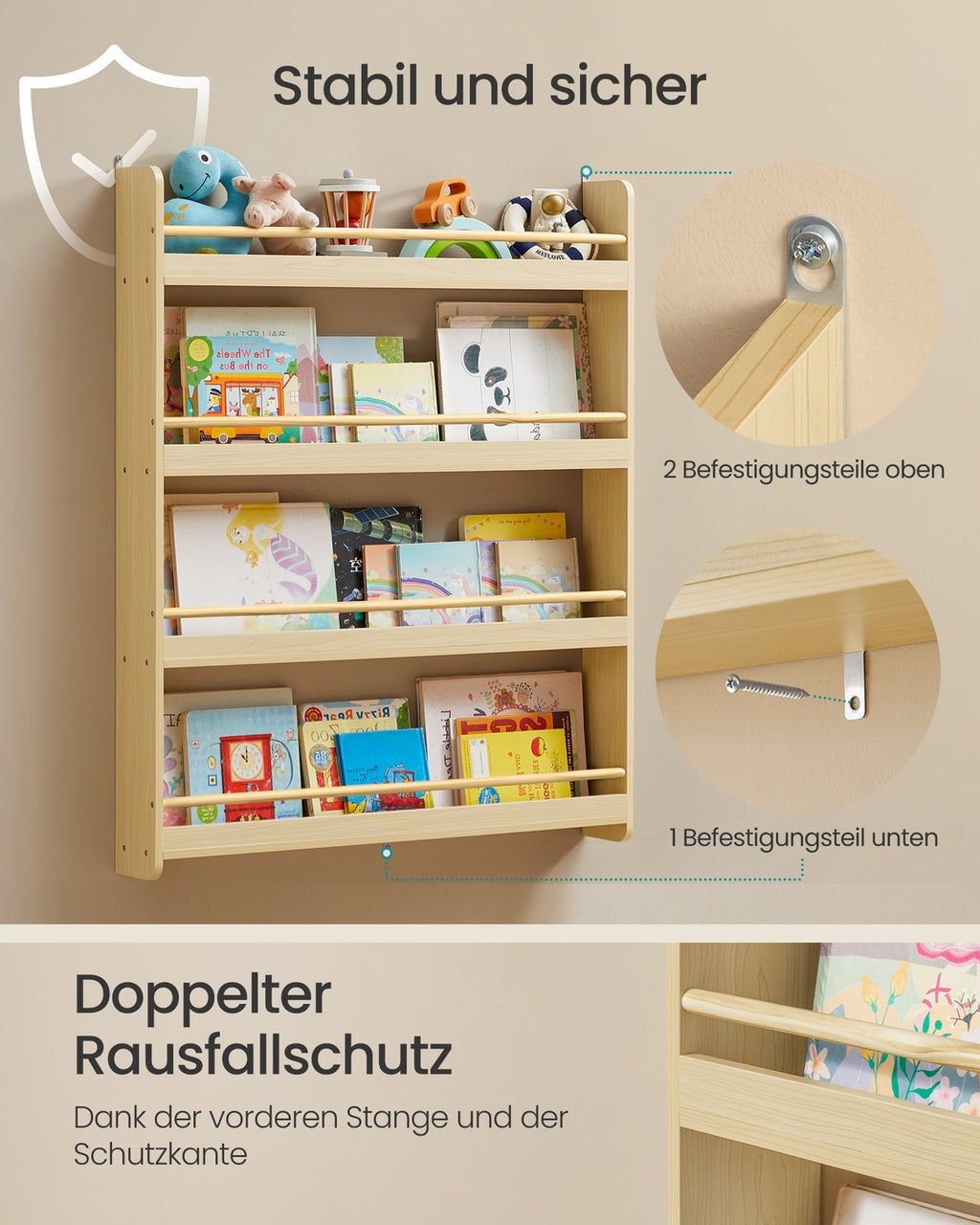Mehrstöckiges Kinder-Wandrega  mit 4 Ebenenl für Kinderzimmer und Spielzimmer naturfarben