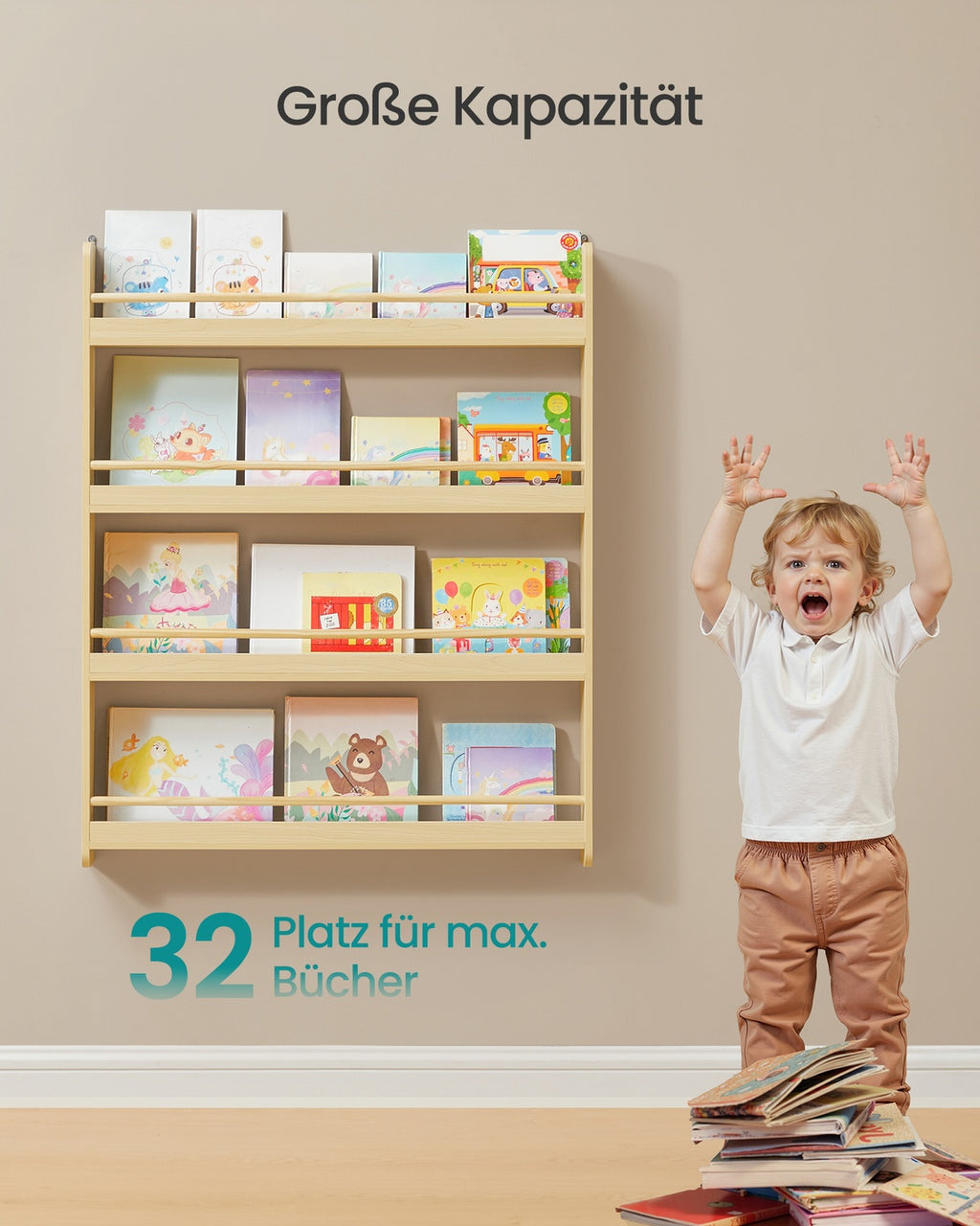 Mehrstöckiges Kinder-Wandrega  mit 4 Ebenenl für Kinderzimmer und Spielzimmer naturfarben