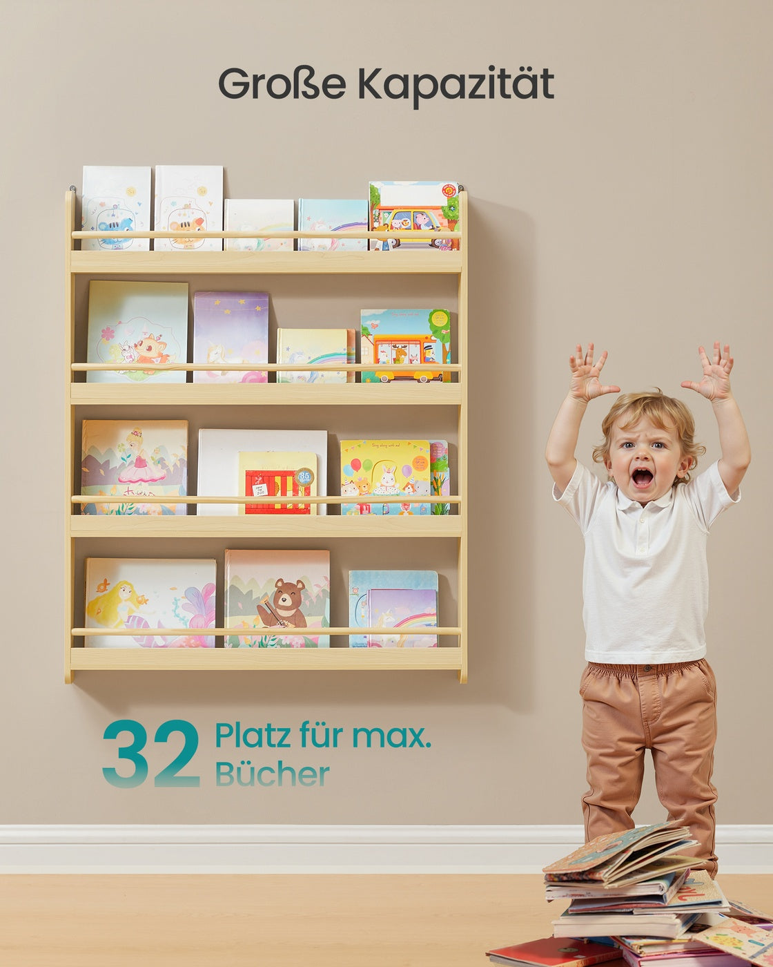 Mehrstöckiges Kinder-Wandrega  mit 4 Ebenenl für Kinderzimmer und Spielzimmer naturfarben