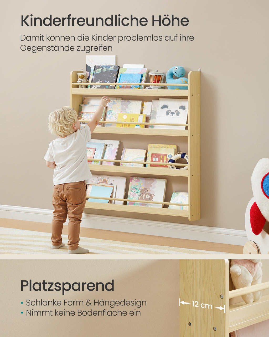 Mehrstöckiges Kinder-Wandrega  mit 4 Ebenenl für Kinderzimmer und Spielzimmer naturfarben