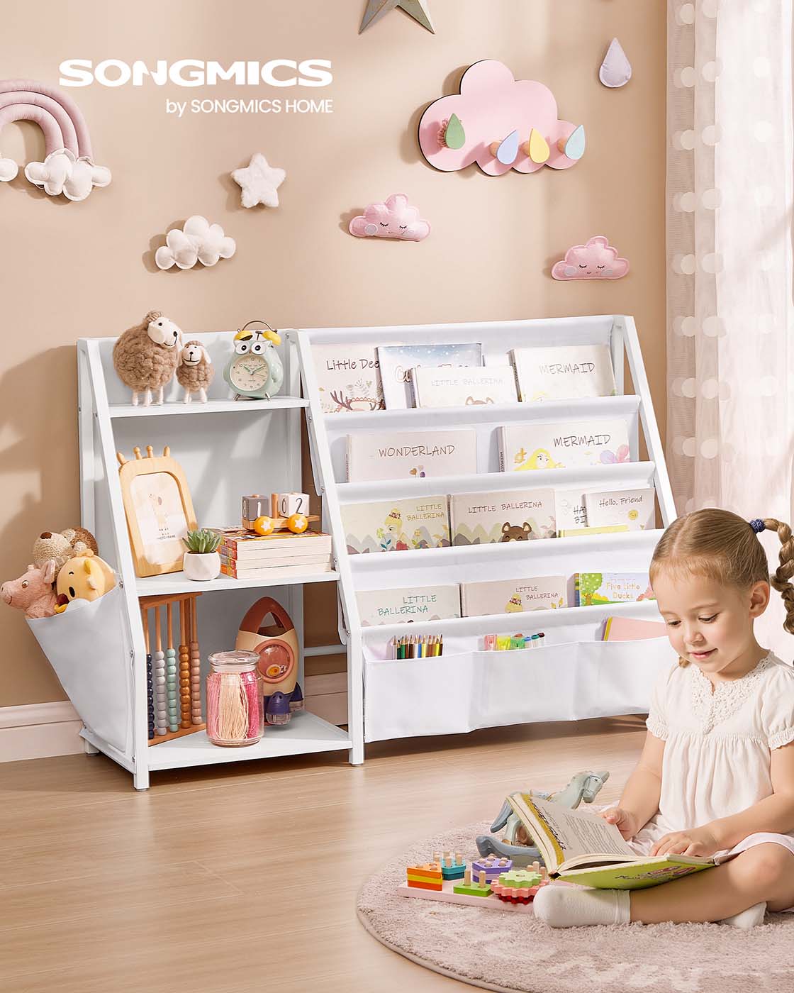Kinder Bücherregal mit Seitentasche und Spielzeugfächern