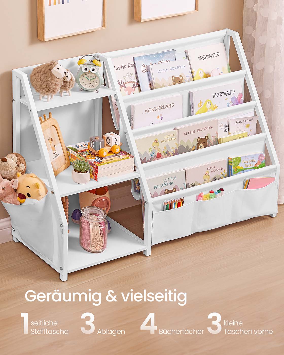 Kinder Bücherregal mit Seitentasche und Spielzeugfächern